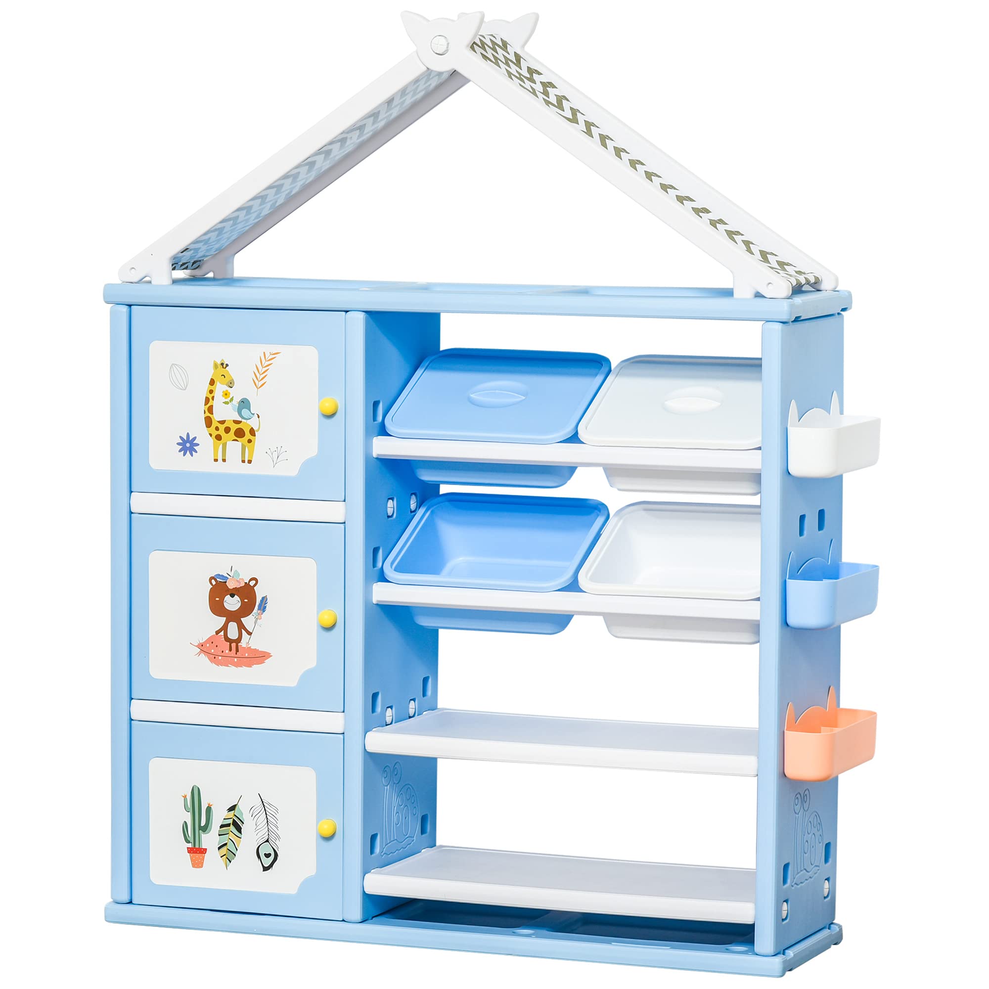 Qaba Kids Toy Storage Organizer with 4 Bins - Multifunctional Storage Cabinet & Bookshelf with 4-Tier Shelves for Toys, Books & Kids Room Organization (Blue) - Perfect for Playrooms, Bedrooms & Daycare Centers