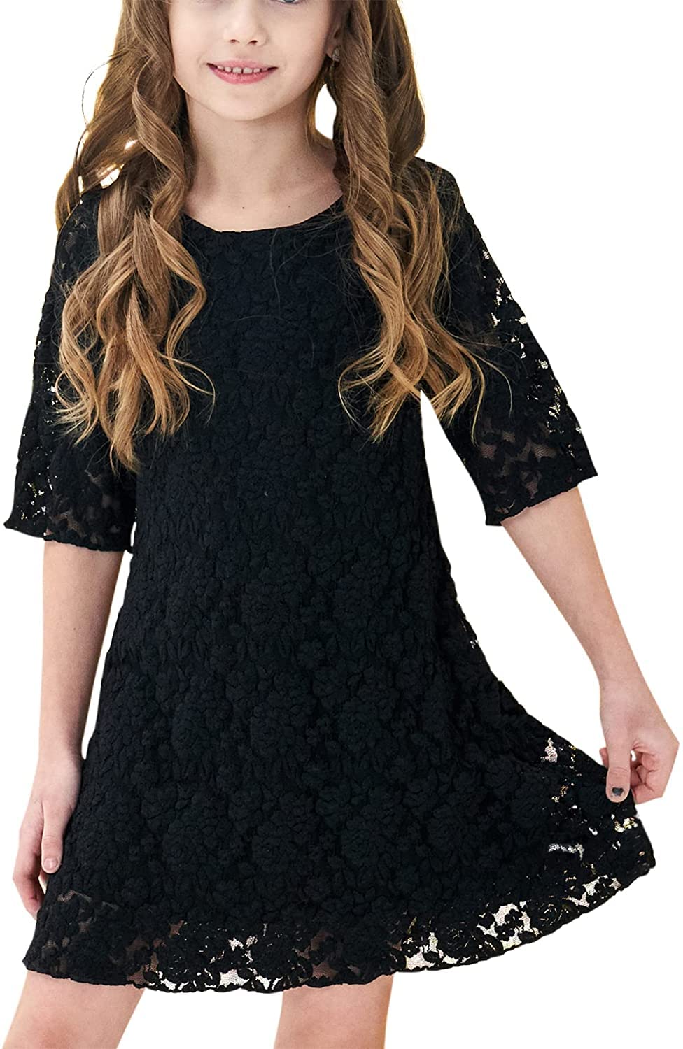 Girls' Semi-Formal 3/4 Sleeve Floral Lace Party Dress for Fall Special Occasions | Perfect for Weddings, Birthday Parties & Holiday Events