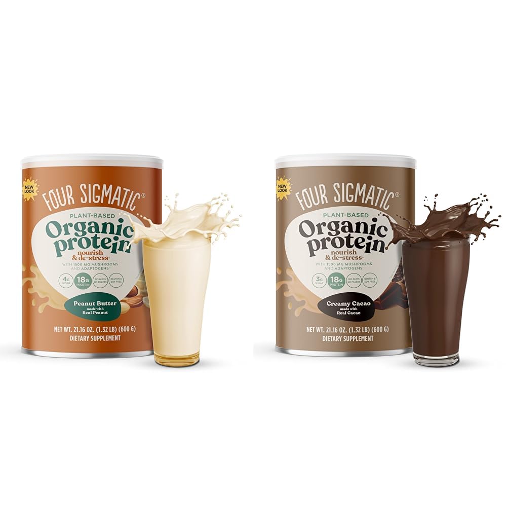 Four Sigmatic Organic Plant-Based Protein Powder with Lion’s Mane, Chaga & Cordyceps | Vegan Protein for Brain Function & Immune Support | Peanut Butter & Creamy Cacao Flavors | 21.16 oz | Perfect for Smoothies, Post-Workout & Healthy Breakfasts