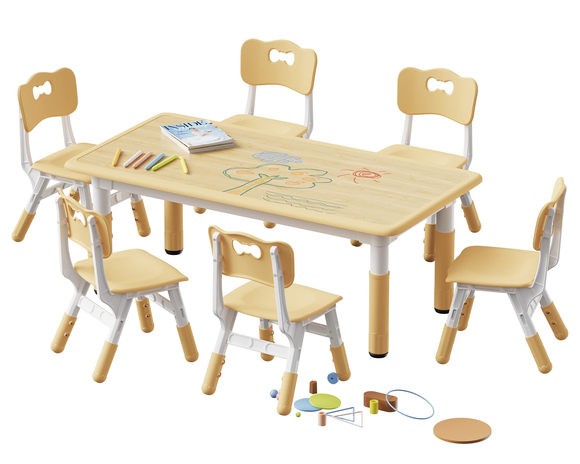 Brelley Adjustable Height Kids Table and 6 Chairs Set - Toddler Activity Table with Graffiti Desktop for Classroom, Daycare & Home - Perfect for Arts, Crafts & Learning Activities (Ages 2-8)