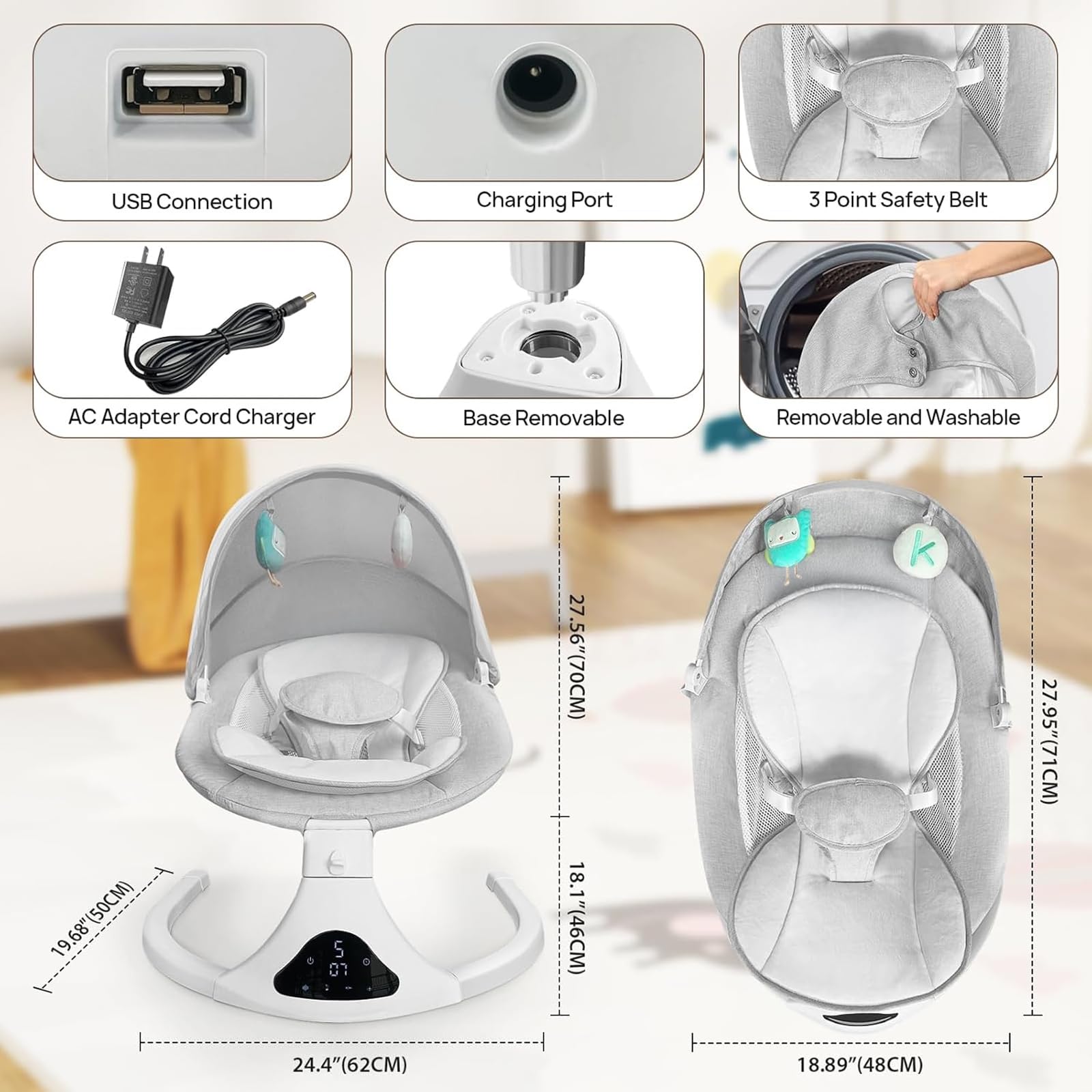 Electric Baby Swing for Infants to Toddlers | Portable Rocker with Remote Control, 5 Speed Settings, 3-Point Safety Harness & 3 Reclining Positions - Light Grey | Perfect for Nursery, Daycare & Travel Use