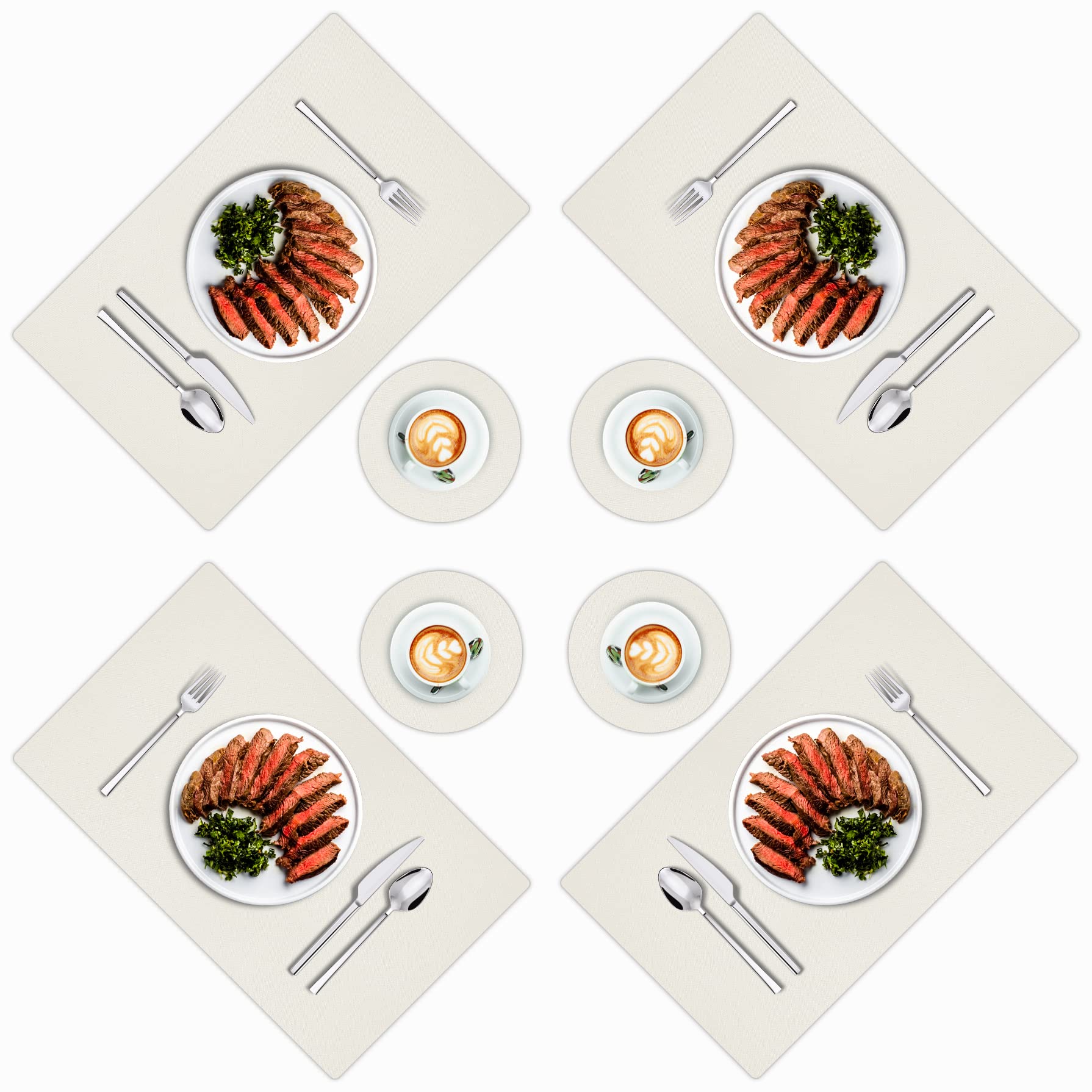 Premium Leather Placemats and Coasters Set of 4 - Cream Beige Rustic Table Mats for Dining, Stain & Leak Resistant Kitchen Table Decor - Perfect for Thanksgiving, Christmas, and Fall Dinner Parties (Beige)