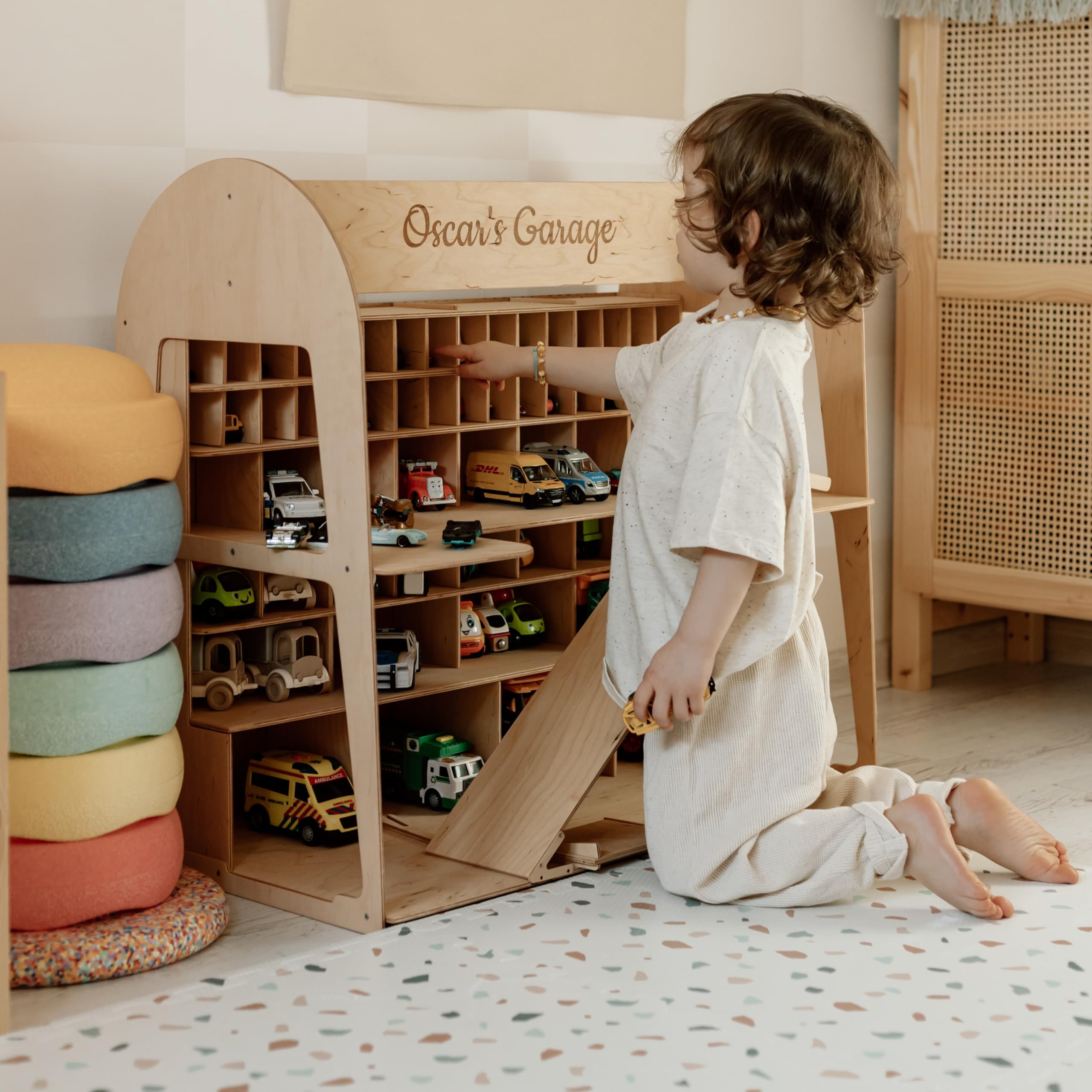 Wooden Toy Parking Garage with Elevator - Car Storage Organizer for Hot Wheels & Mini Toy Cars - Gift for Toddlers 1-4 Years Old - Big Natural Wood Case Shelf - Perfect for Playrooms, Bedrooms & Preschool Learning Activities