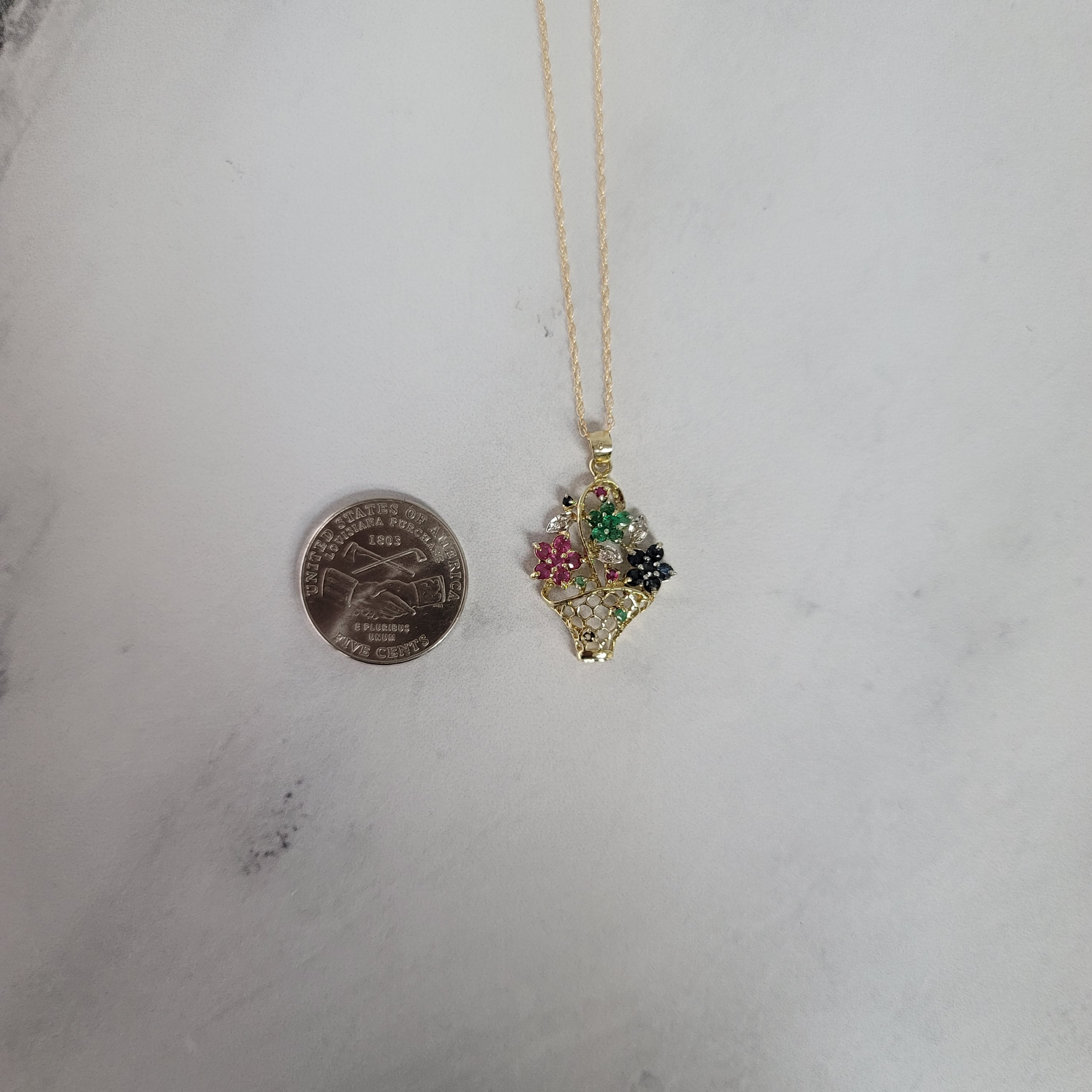 1.00cttw Emerald Sapphire Ruby Flower Basket Pendant in 14K Yellow Gold - Perfect for Anniversary Gifts & Special Occasions