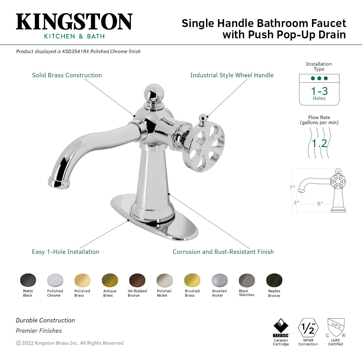 Belknap KSD354RXNB Single Handle 1-Hole Bathroom Sink Faucet with Deck Plate & Push Pop-Up Drain, Naples Bronze Finish - Perfect for Modern Bathroom Vanities and Powder Rooms