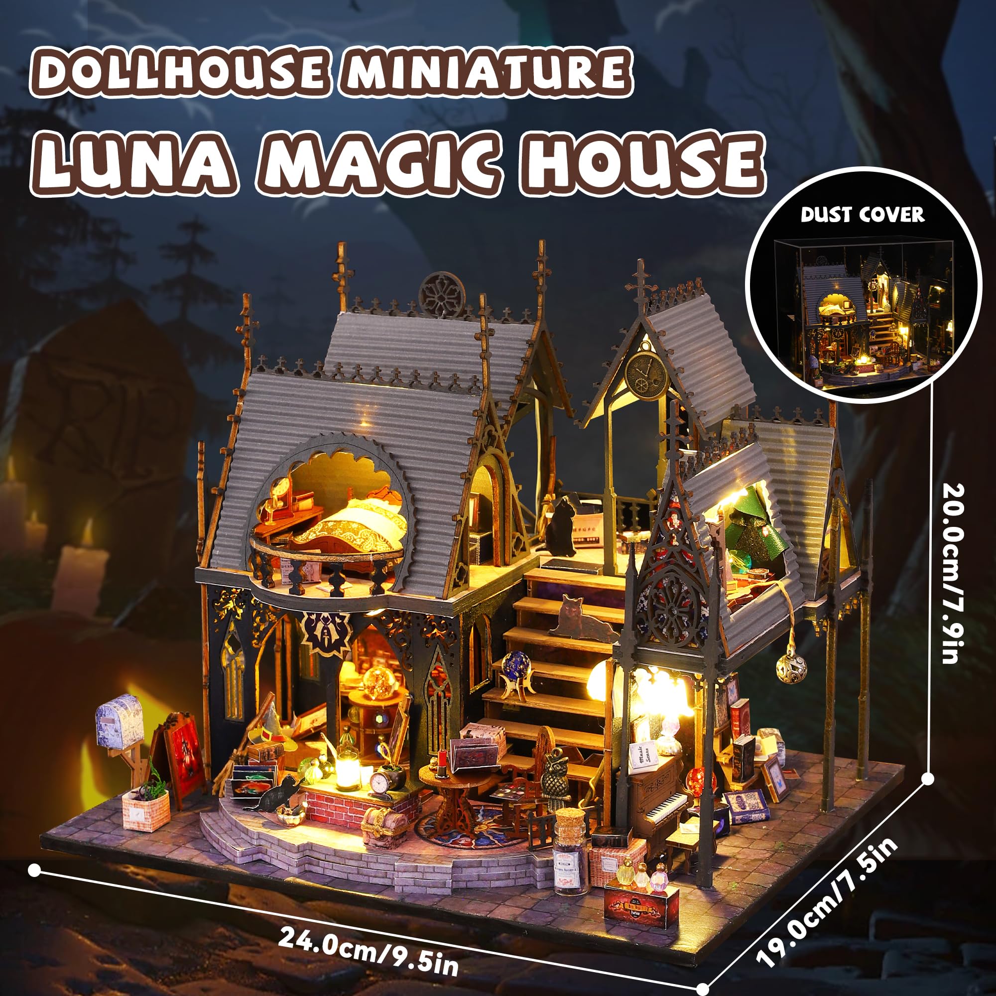 DIY Wooden Mini House Building Kit - 1:36 Scale Dollhouse Miniature Furniture & Accessories for Teens & Adults (Luna Magic House) | Creative Gift, Home Decor & Collectible for Hobbyists