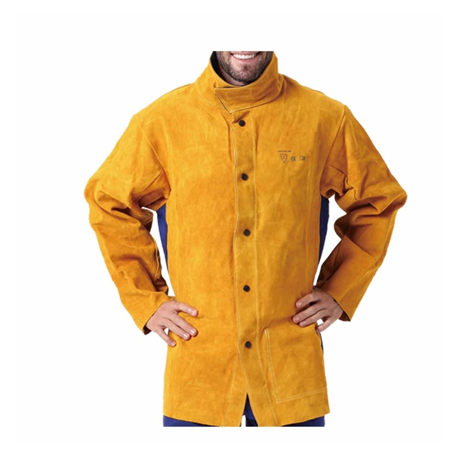 Premium Cowhide Leather Welding Suit Set - Jacket & Pants for Welders (Gold Blue, XL) | Flame Resistant Workwear for Metal Fabrication, Construction & Industrial Safety Protection