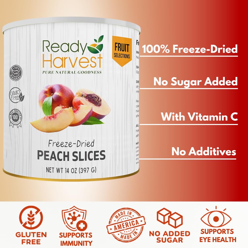 Freeze Dried Peaches - Gluten Free, Non-GMO, 25 Year Shelf Life | Healthy Fruit Snacks for Camping, Hiking & Emergency Food Storage | 6-Pack #10 Cans (397g Each) | Vegan, Paleo & Keto Friendly