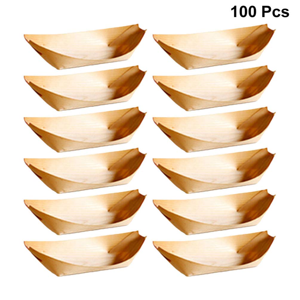 DOITOOL 100pcs Wooden Snack Trays - Natural Boat-Shaped Serving Platters for Appetizers, Nibbles & Party Food - Perfect for Weddings, BBQs, Picnics & Catering Events