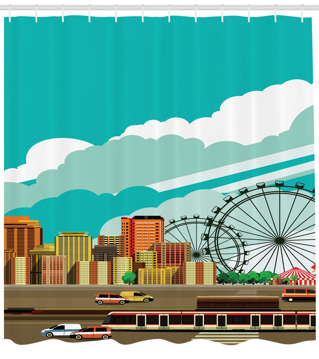 Ambesonne Ferris Wheel Shower Curtain - Vibrant Cityscape Design with Skyscrapers, Highway & Metro Line - 69x84 Inch Waterproof Fabric Bathroom Decor with Hooks - Perfect for Modern Bathrooms, Kids' Rooms & Theme Decor