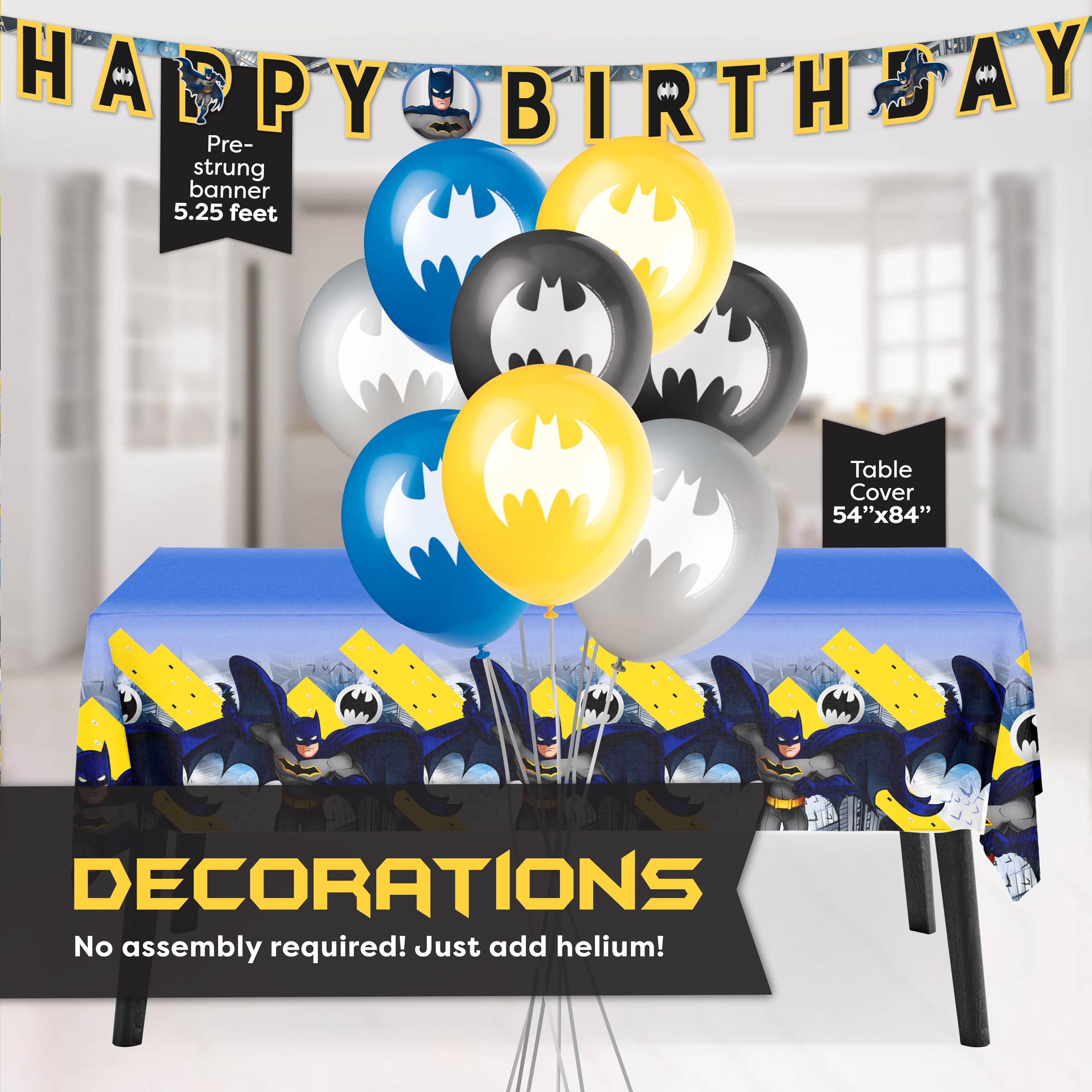 Batman Birthday Party Supplies & Decorations Kit - Balloons, Banner, Table Cover, Masks, Plates, Cake Plates, Napkins, Cups, Buttons | Perfect for Superhero Themed Birthday Parties, Kids Celebrations & Batman Fan Events