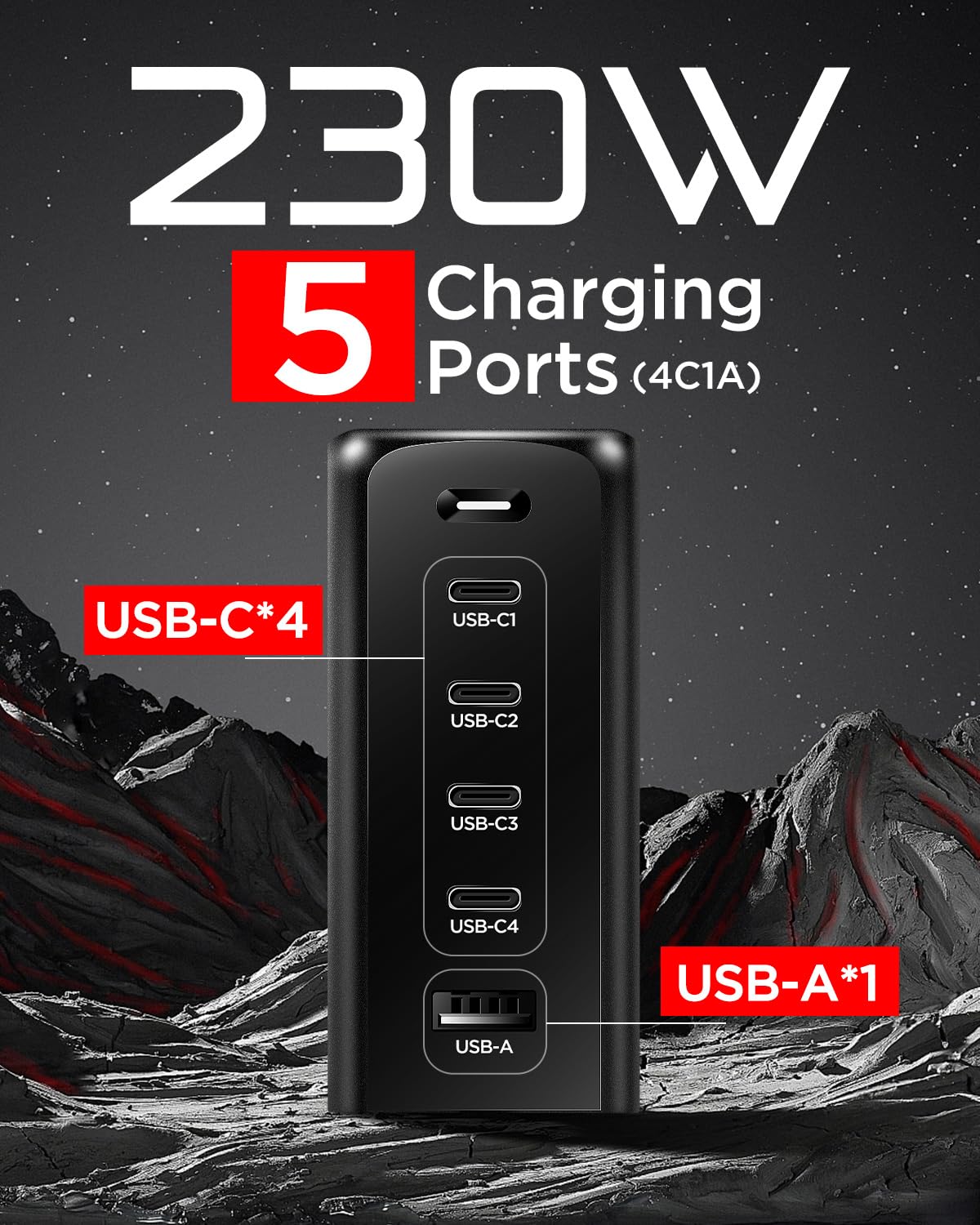 230W GaN USB C Charger with 5 Ports - Fast Desktop Charger for MacBook Pro/Air, iPad, iPhone, Samsung Galaxy, Google Pixel, Steam Deck, HP, Lenovo, Dell, Asus & Acer Laptops - Perfect for Home, Office & Travel Charging