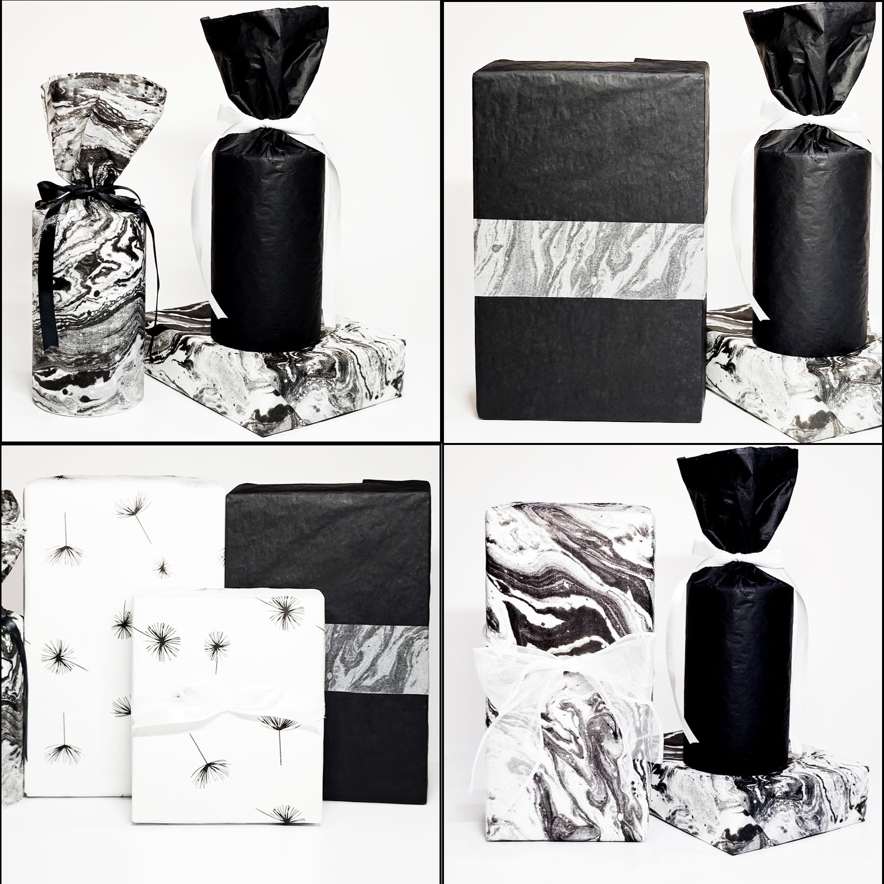 Premium Matte Marble Dandelion Tissue Paper - 30 Sheets Black & White Gift Wrapping Paper for Birthday Parties, DIY Crafts, Gift Bags & Packaging (19.7x13.8 Inches) - Perfect for Party Decorations, Wedding Favors and Handmade Card Making