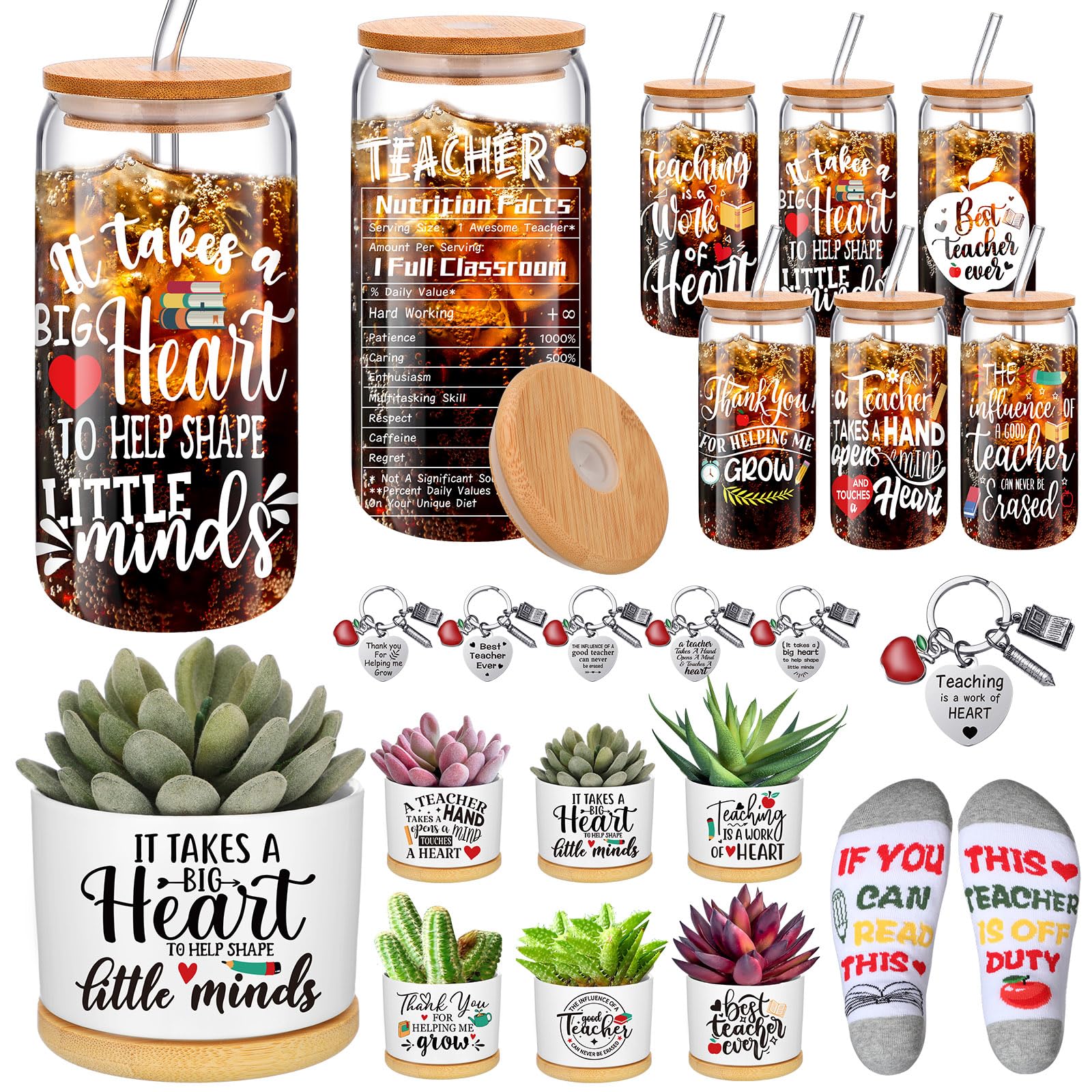 Layhit 24-Piece Teacher Appreciation Gift Set - 16oz Glass Cups, Succulent Plant Pots, Keychains & Women's Socks - Perfect Thank You, Retirement, Christmas & Birthday Gifts for Teachers - Ideal for Classroom Celebrations, End-of-Year Gifts & Staff Recognition Events