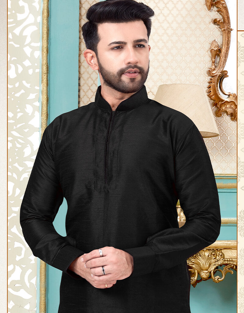 Black Kurta Dhupion Silk Dhoti for Men - Premium Indian Traditional Wear for Festivals & Weddings