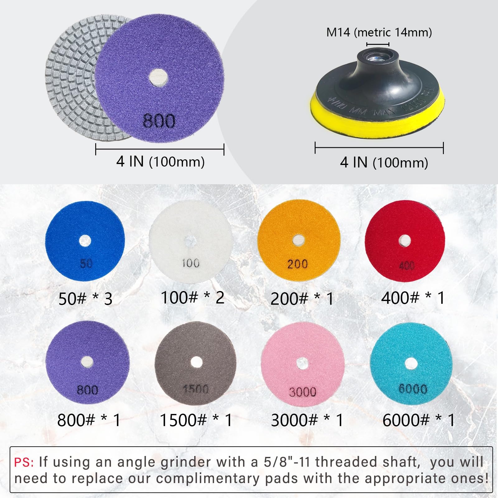 4 Inch M14 Wet/Dry Diamond Polishing Pads - 12 Piece 50-6000 Grit Kit for Stone, Quartz, Marble & Granite Countertops - Compatible with Grinders & Polishers - Perfect for Countertop Restoration, Tile Edging & DIY Home Improvement Projects