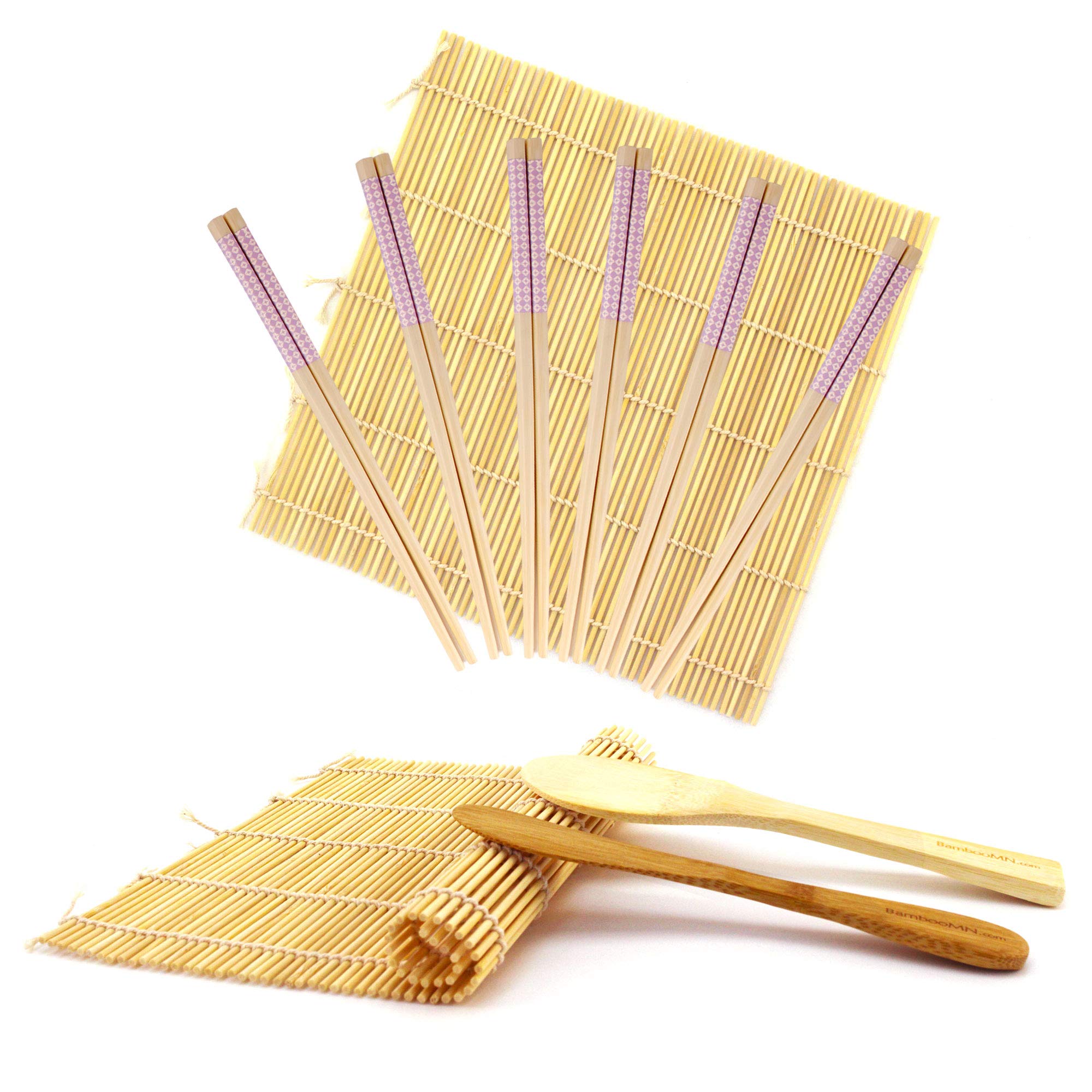 BambooMN 10-Piece Complete Sushi Making Kit with 2 Bamboo Rolling Mats, Rice Paddle, Spreader & 6 Pairs Purple Diamond Chopsticks - Perfect for Home Sushi Making, Japanese Cooking & Dinner Parties