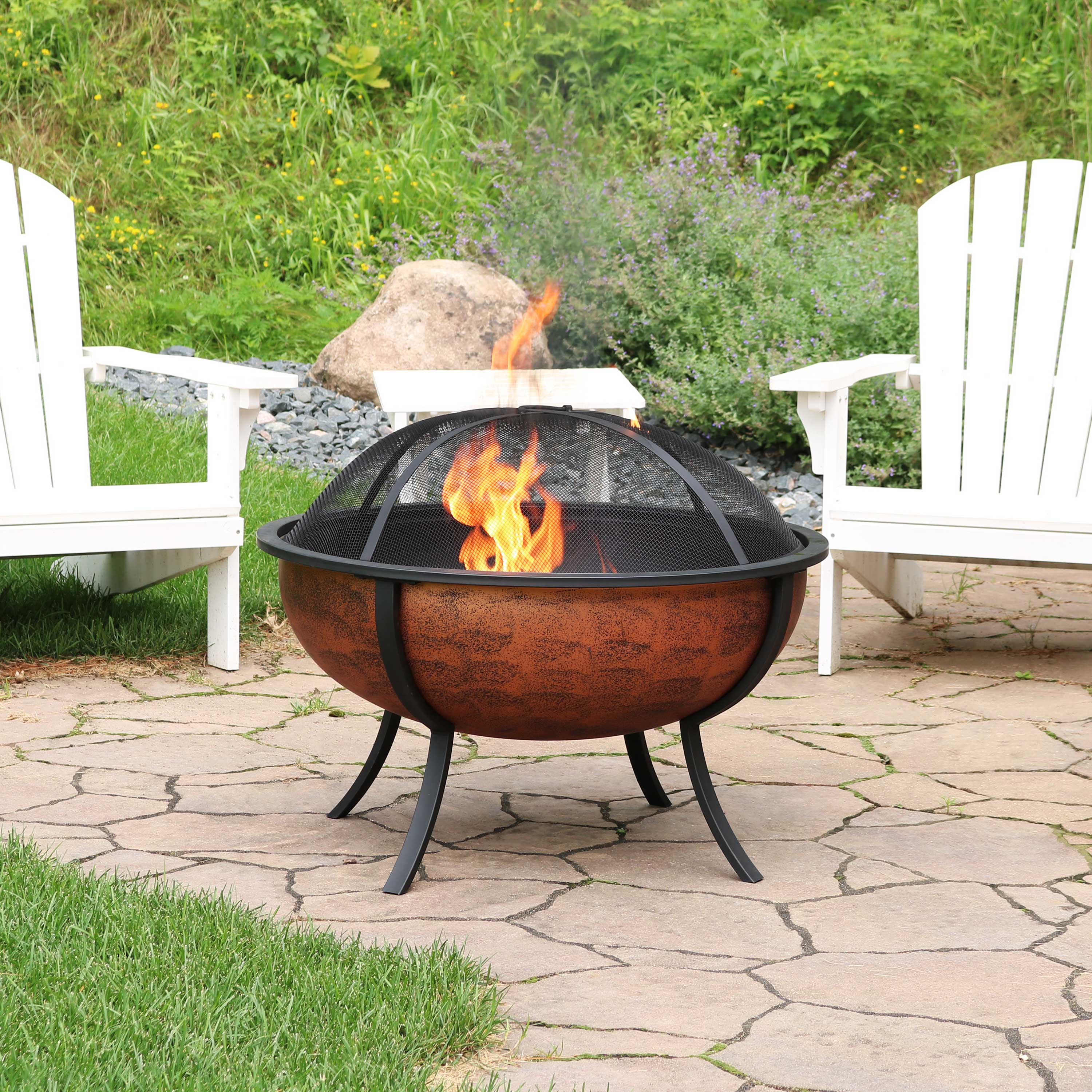 Sunnydaze 32-Inch Copper Raised Outdoor Fire Pit Bowl with Spark Screen - Perfect for Backyard, Patio, and Camping Gatherings
