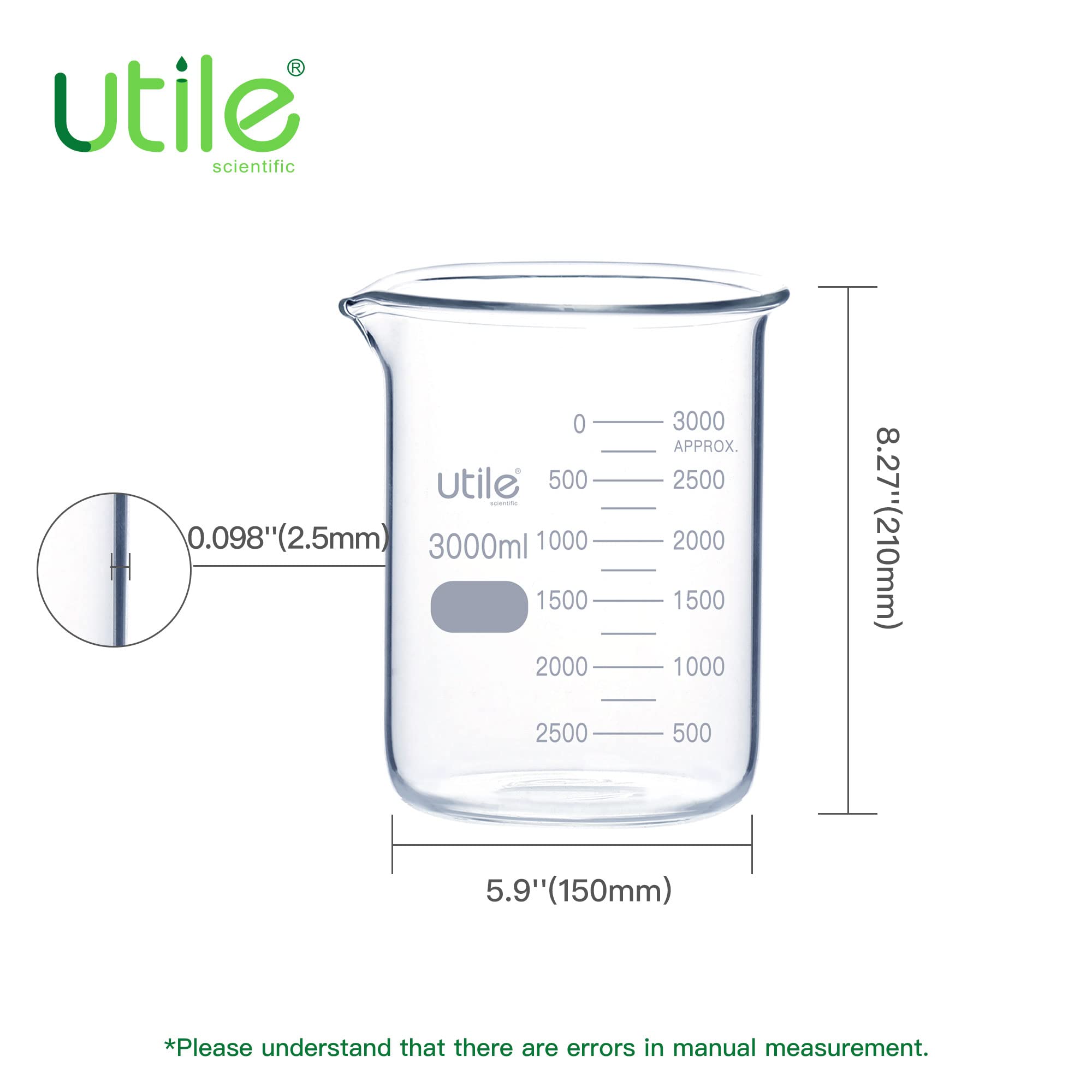 3000ml (101.45oz) Low Form Borosilicate 3.3 Glass Beaker with Printed Graduation - Lab Grade, Heat Resistant for Chemistry Experiments, Science Class & Home DIY Projects