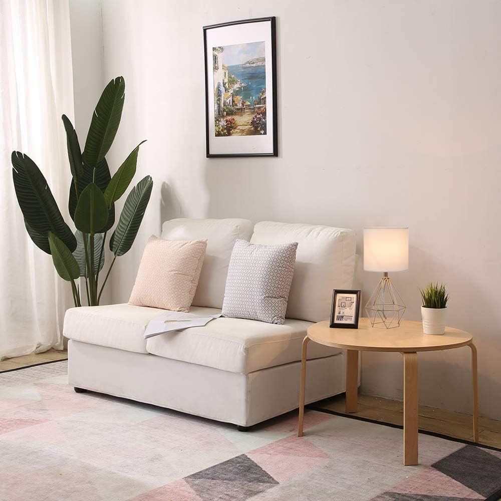 Modern Gold Hollow Out Base Bedside Table Lamp with Geometric Metal Base & White Fabric Shade - Elegant Nightstand Lamp for Bedroom, Kids Room & Living Room - Perfect for Reading, Decor & Ambient Lighting