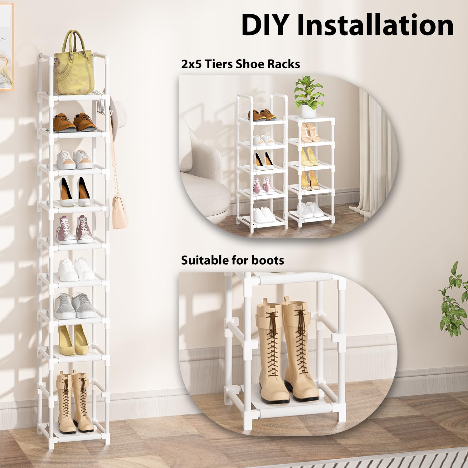 10-Tier Narrow Shoe Organizer for Closet - Tall Vertical Shoe Rack Holds 10-15 Pairs, Space-Saving Metal Shelf with 5 Hooks for Small Spaces - Perfect for Bedroom, Entryway, or Closet Organization