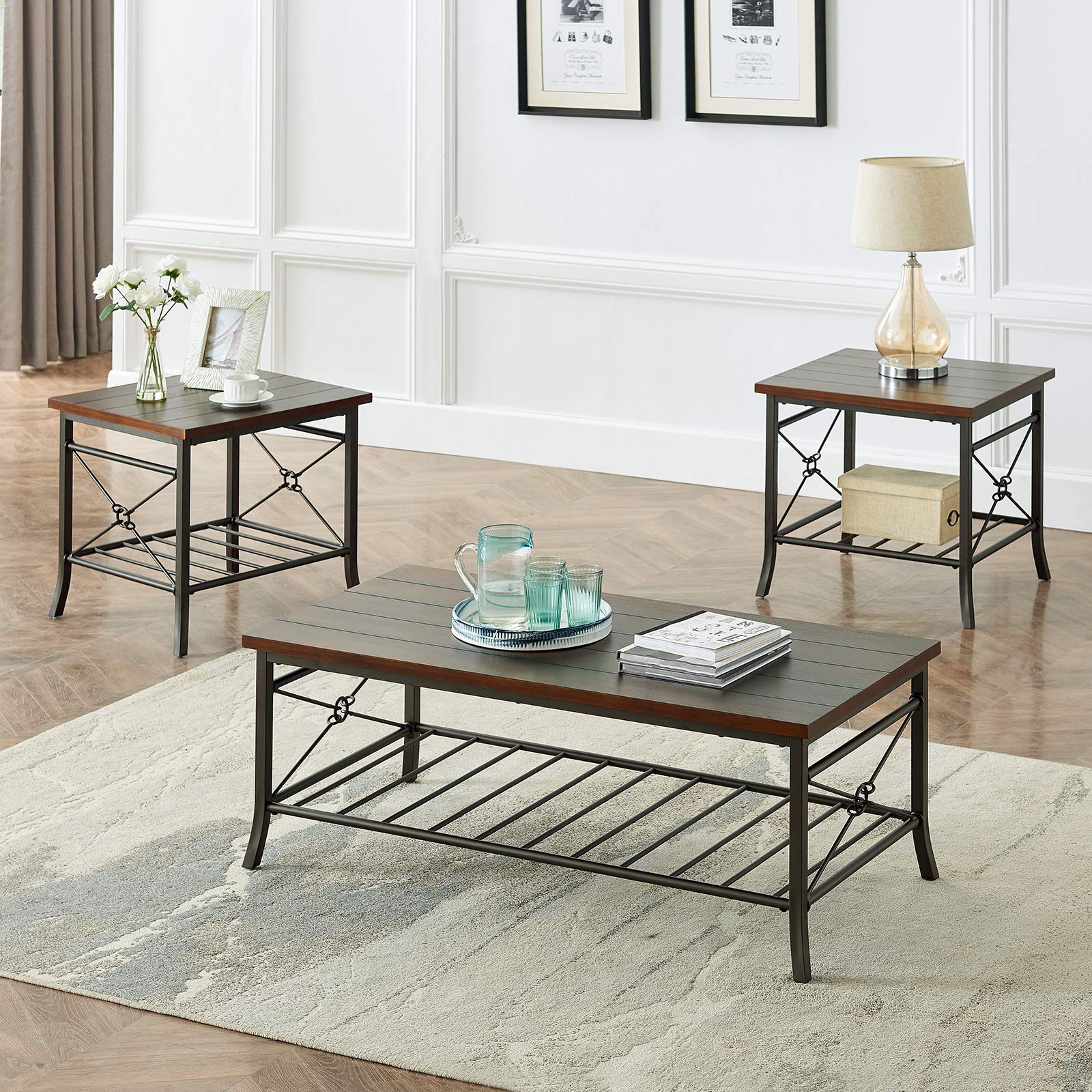 Henf 3-Piece Modern Coffee Table Set for Living Room - 1 Coffee Table & 2 End Tables with Sturdy Metal Frame, Easy Assembly - Perfect for Small Spaces, Apartments & Home Decor