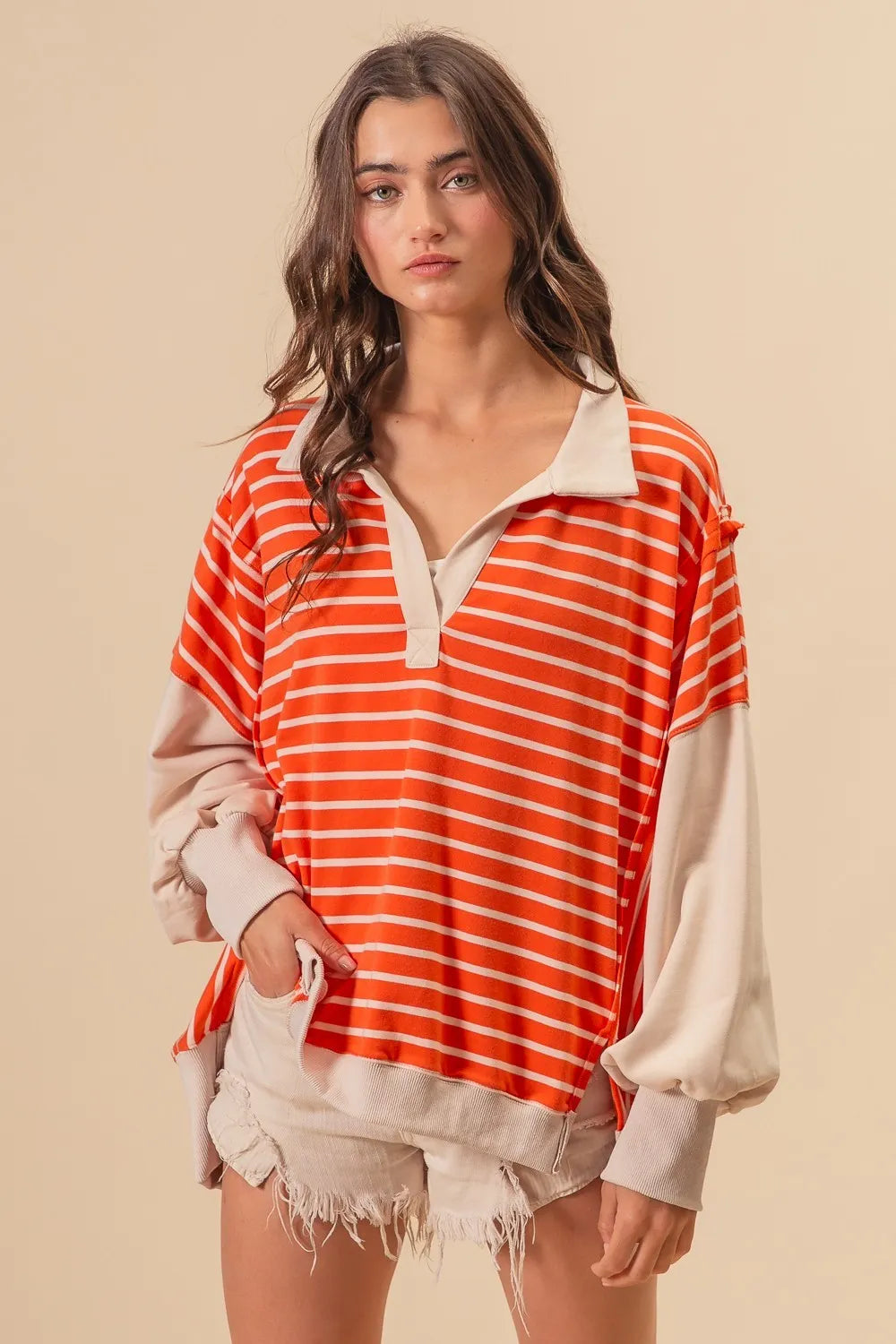 BiBi Stripe Knit Loose Fit T-Shirt with Cut Edge Detail - Casual Women's Top for Everyday Wear, Outings & Layering