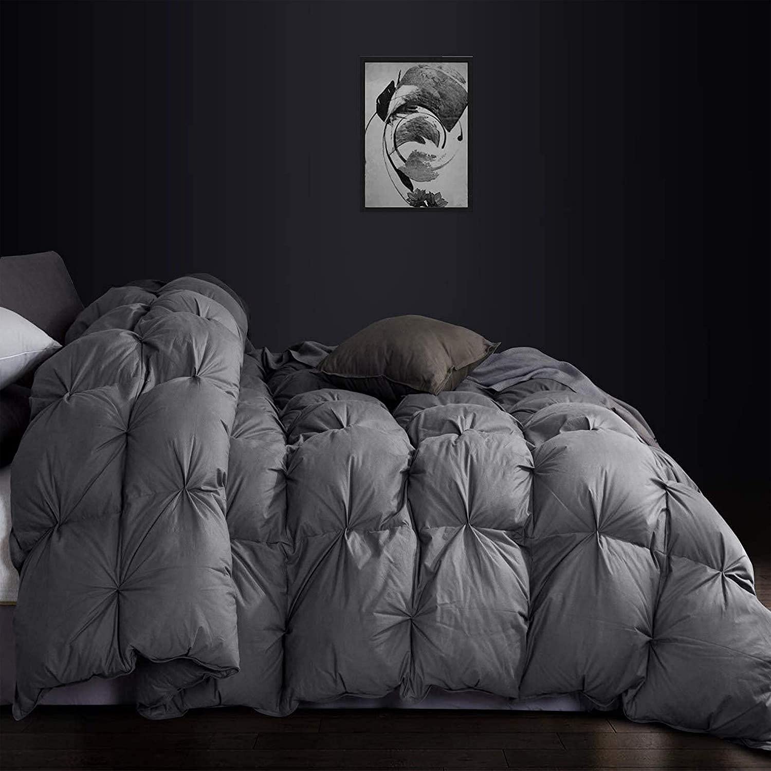 Premium 100% Egyptian Cotton Goose Down Comforter - Heavyweight 95 oz Fill, Baffle Box Design, Luxurious Pinch Pleat in Elegant Gray - Oversized King 120
