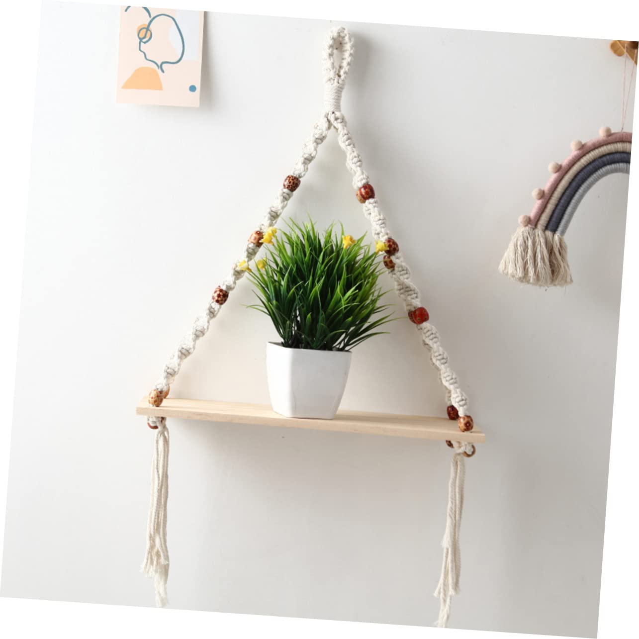 WHAMVOX Handmade Cotton Rope Storage Rack with Wooden Board - Minimalist Home Decor Organizer for Bathroom, Kitchen & Bedroom Organization