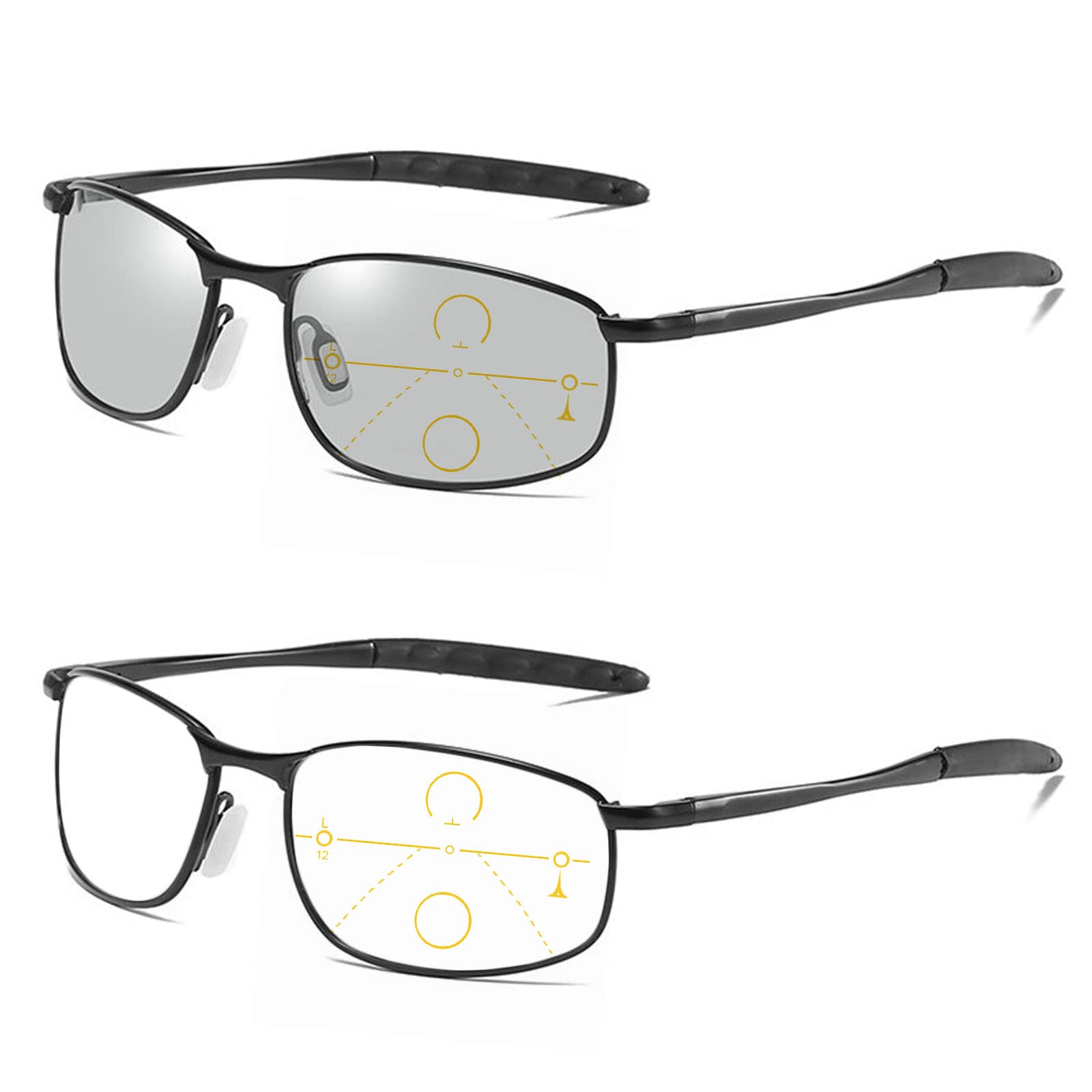 Progressive Multifocal Prescription Reading Glasses for Men & Women - Square Metal Frame Photochromic Gray Sunglasses for Indoor & Outdoor Use