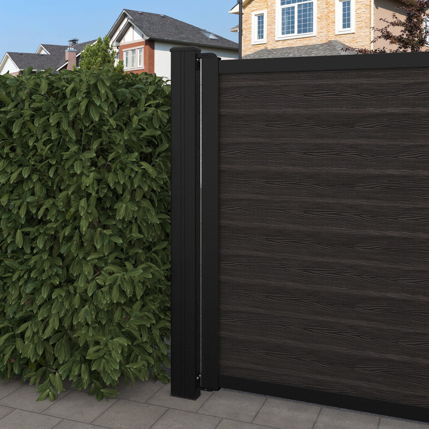 Classic Aspen Straight Top Driveway Gate in Dark Oak with Middle Screen - Perfect for Home Security and Property Enhancement