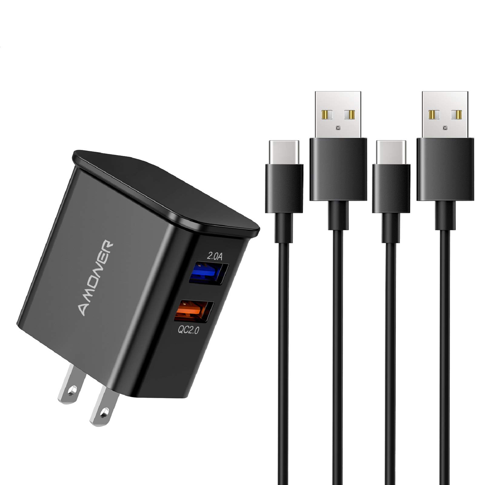 25W Dual Port USB Wall Charger with 2-Pack 4ft USB-C Cables - Fast Charging Adapter for Samsung Galaxy S10/S10+/S10e/S9/S8 & USB-C Devices - Perfect for Home, Office & Travel Charging