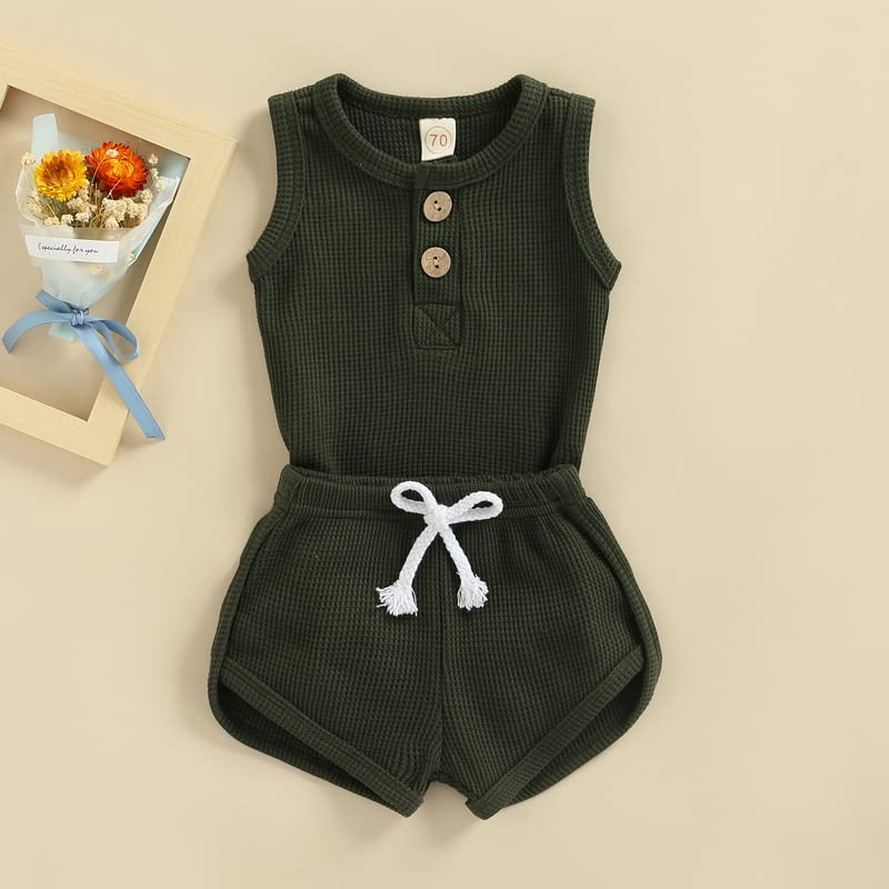 Newborn Baby Boy Summer Outfit - 2Pcs Waffle Knit Romper & Shorts Set with Sleeveless Bodysuit | Soft Cotton Comfort Wear for Playtime & Outdoor Activities