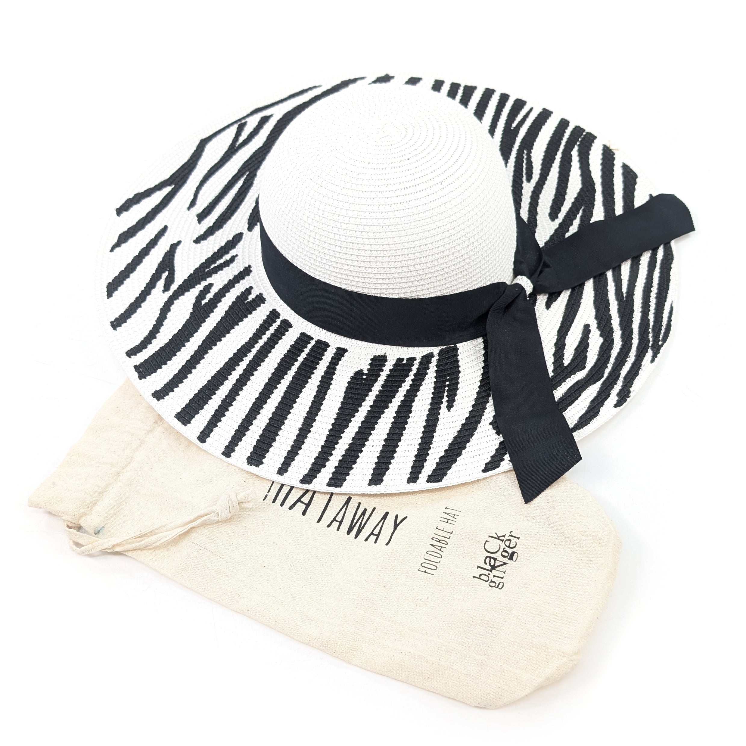 Zebra Print Wide Brim Foldable Sun Hat for Women - 57cm UV Protection Summer Beach Hat (White/Black) - Perfect for Outdoor, Travel, and Vacation