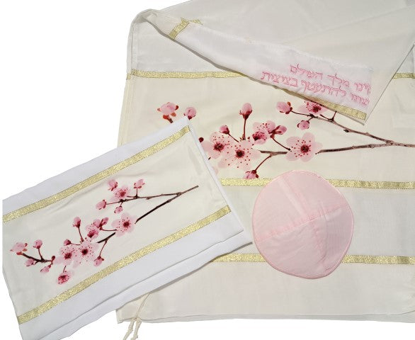Cherry Blossom Silk Tallit for Girls - Elegant Bat Mitzvah Prayer Shawl with Tzitzit - Perfect for Jewish Coming of Age Ceremonies & Synagogue Services