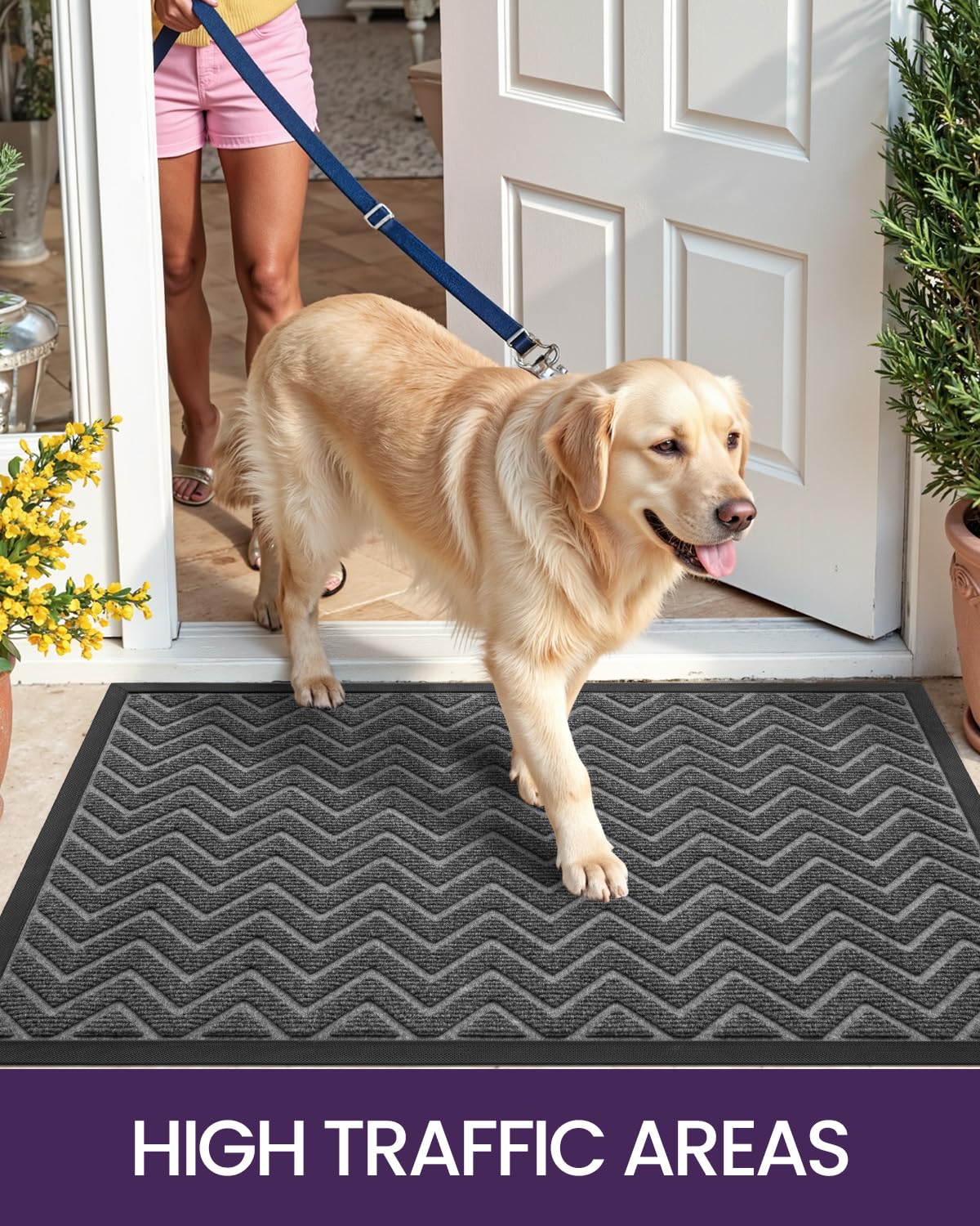 DEXI Heavy Duty Rubber Backed Doormat - 3x2 Feet Stain & Fade Resistant Low-Profile Entrance Mat - Chevron Dark Grey for Front Door, Outside Entryway - Perfect for Home, Office & High Traffic Areas