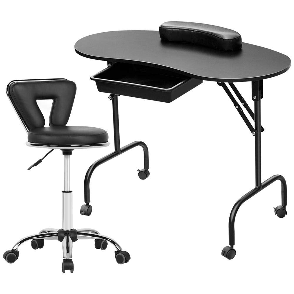 Yaheetech Professional Folding Manicure Table & Salon Stool Set - Adjustable Nail Technician Desk with Rolling Swivel Chair & Carrying Bag - Portable Beauty Station for Home & Salon Use - Perfect for Nail Art, Pedicures & Spa Services