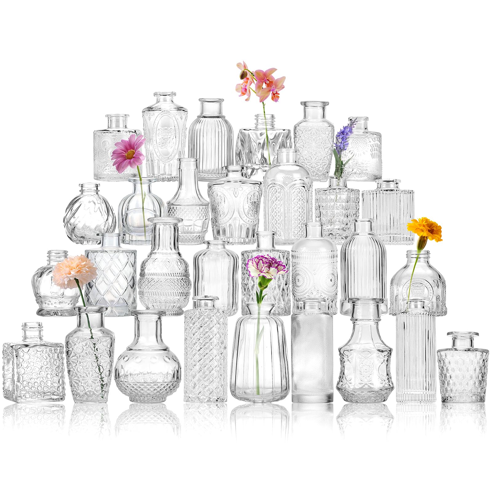 CEWOR Bulk Set of 30 Clear Glass Bud Vases - Small Flower Vases for Wedding Centerpieces, Rustic Farmhouse Table Decor, Mini Vintage Vases for Home Decorations | Perfect for Weddings, Parties, and Farmhouse Style Home Decor