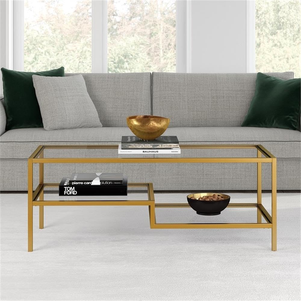 Pemberly Row Metal Double Shelf Coffee Table in Brass and Gold - Modern Living Room Centerpiece for Small Spaces & Home Decor