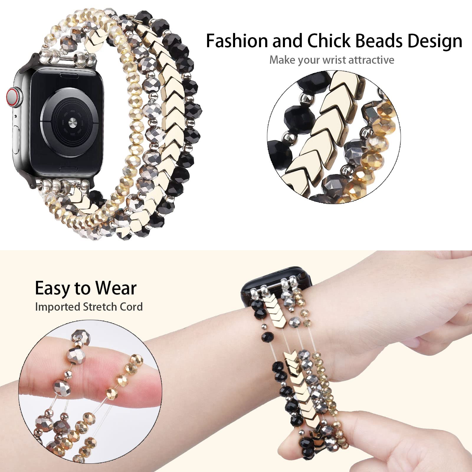 MOFREE Arrow & Black Beaded Stretch Bracelet Compatible with Apple Watch 40mm/38mm/41mm (Series 7/SE/6/5/4/3/2/1) - Handmade Elastic Women's Fashion Strap for iWatch - Perfect for Workouts, Office & Casual Wear