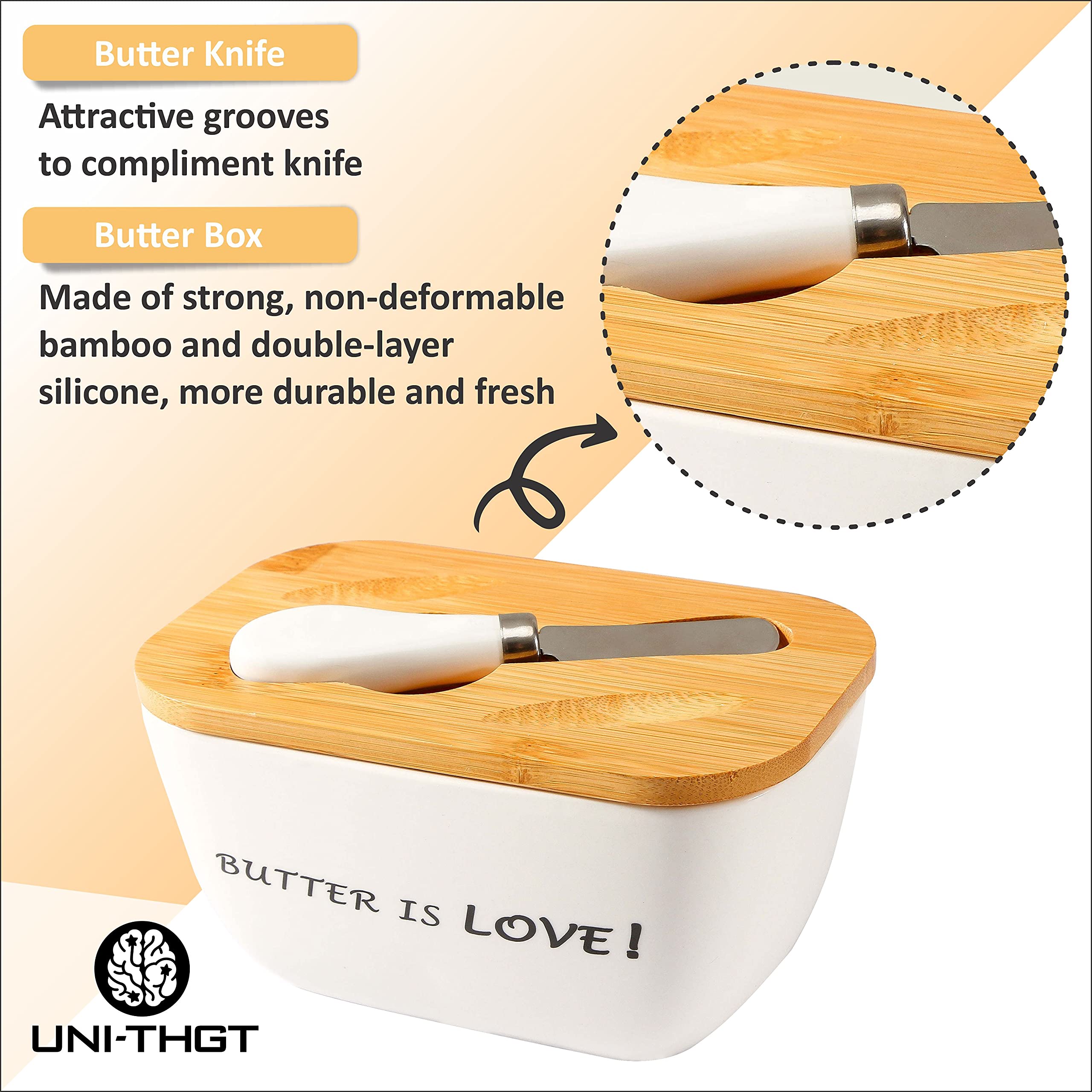 Ceramic Butter Dish with Lid and Knife Holder - Butter Keeper & Countertop Storage Container - Fresh Butter Tray for Kitchen, Dining Table, and Breakfast Buffet - by UNI-THGT