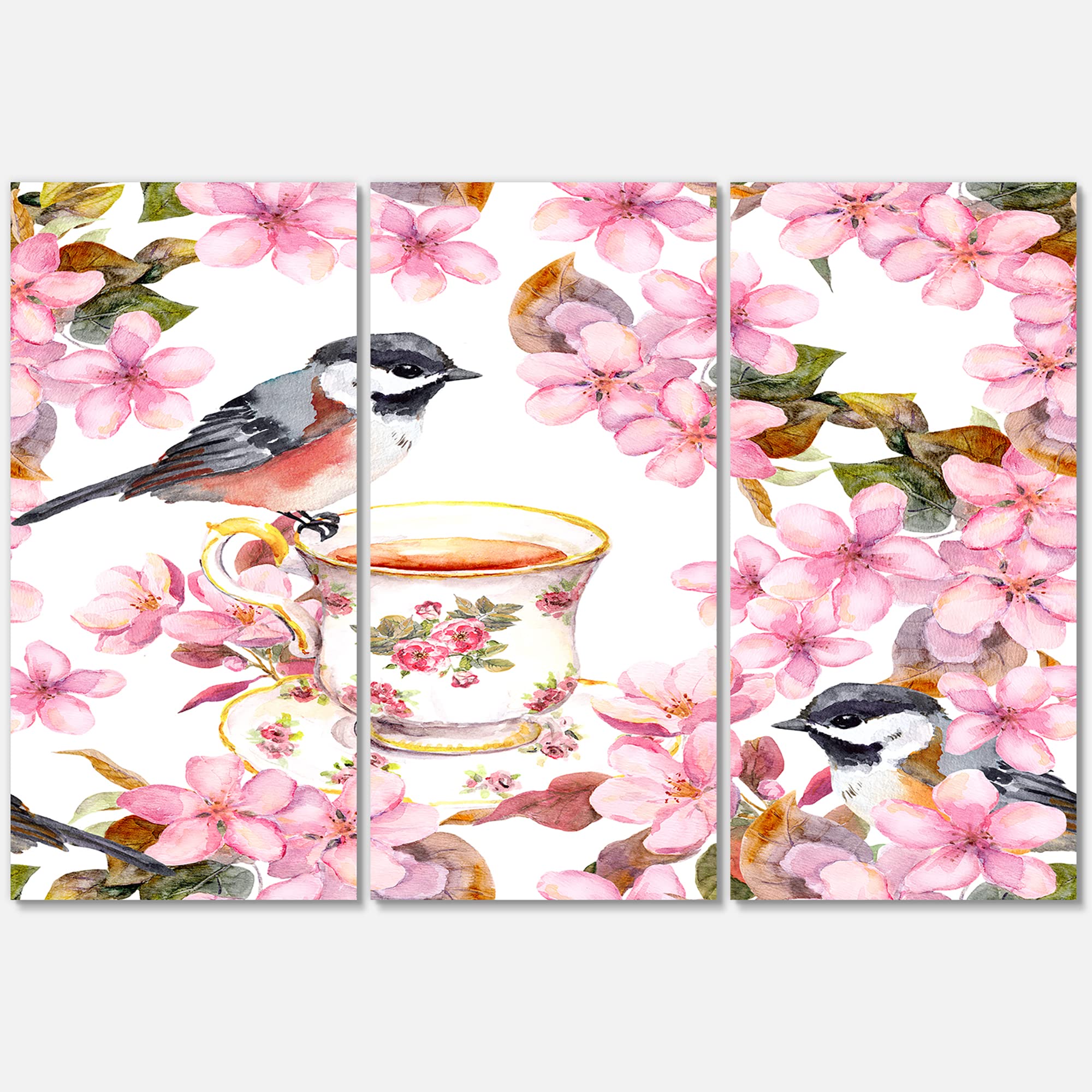 DesignQ Traditional Chinese Birds and Flowers Tea Cup Canvas Wall Art - Elegant Home Decor for Living Room, Bedroom & Office