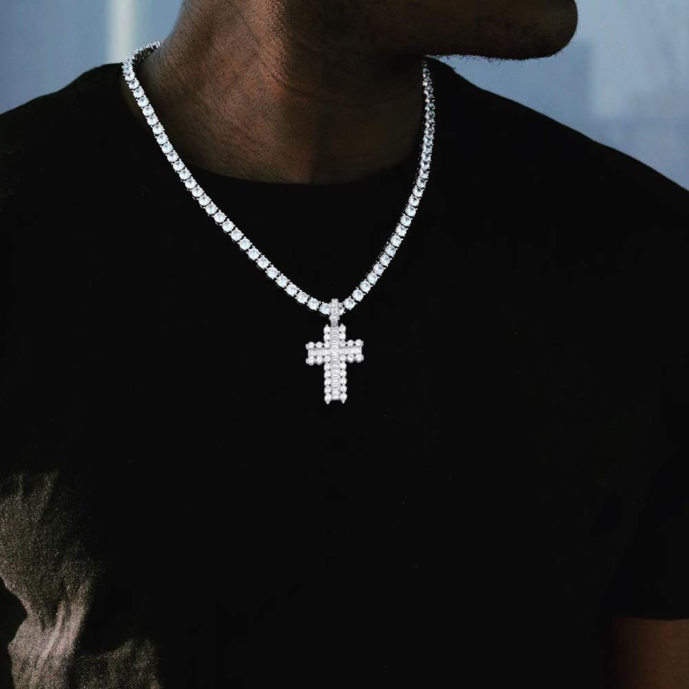 Hip Hop Iced Out CZ Baguette Cross Pendant Necklace - 14K Gold Plated Men & Women's Jewelry - Perfect for Streetwear, Parties and Gift Giving