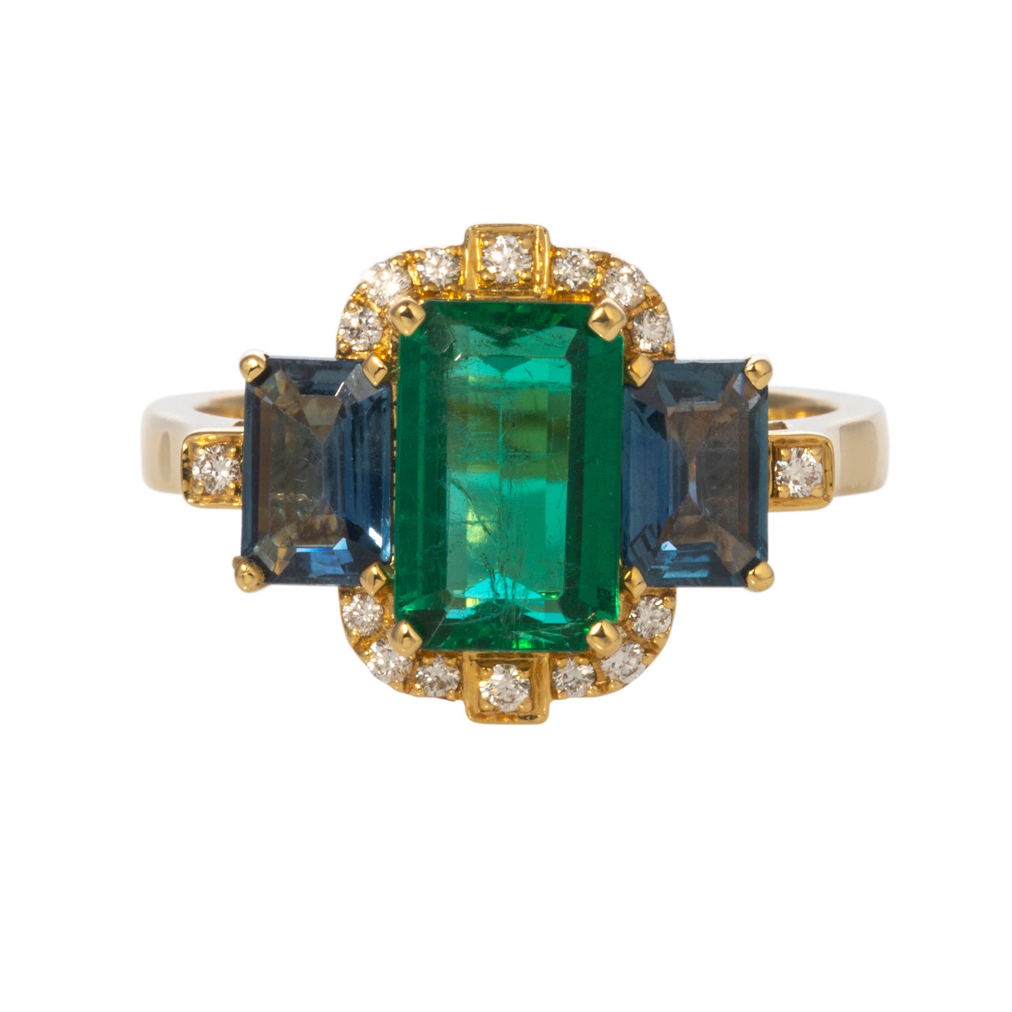 Goshwara 3 Stone Emerald & Sapphire 18K Gold Ring for Women - Elegant Vintage Jewelry for Engagement, Wedding & Special Occasions