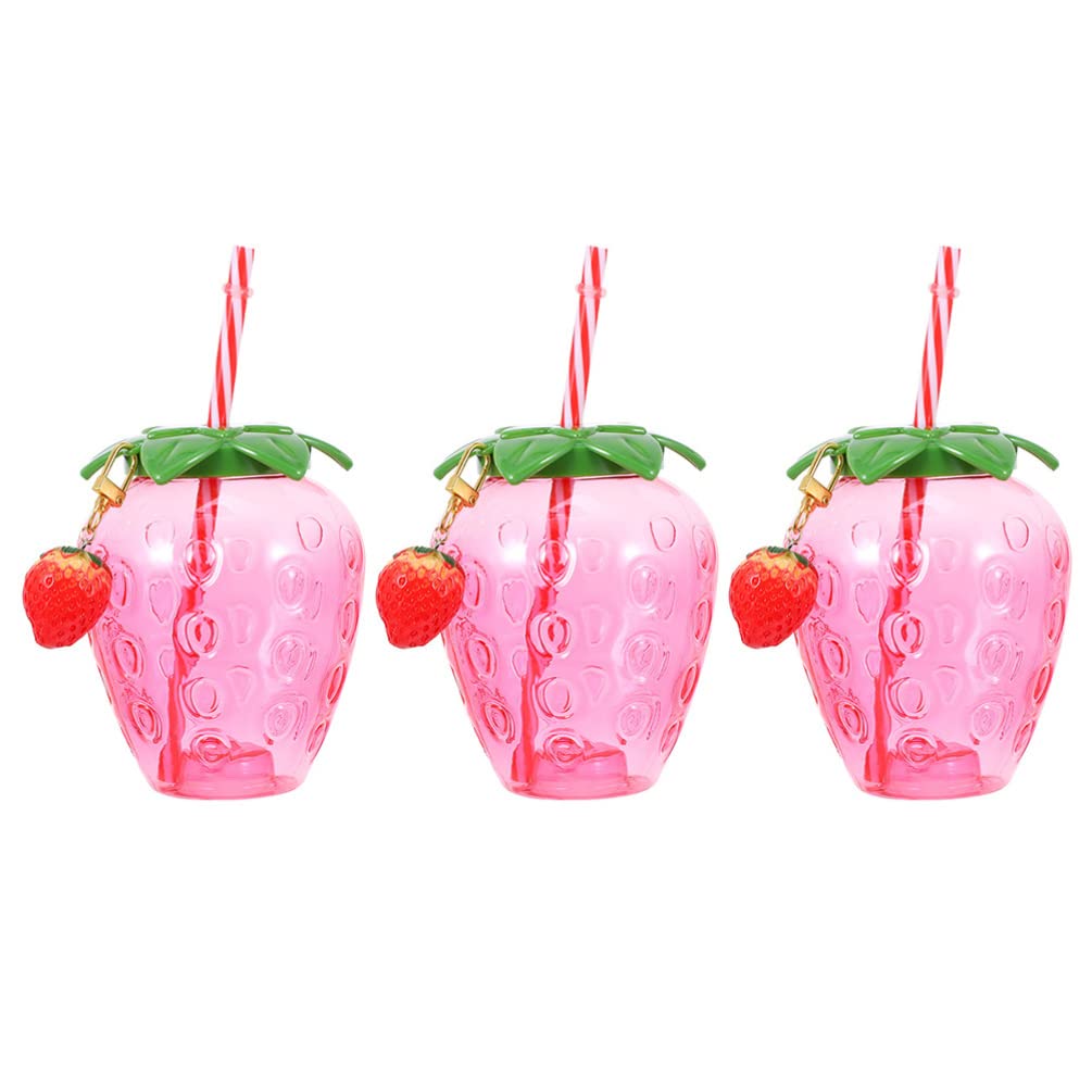 DOITOOL 3-Pack Strawberry Shaped Cups with Straws - Cute Kawaii Drinkware for Juice, Cocktails, Smoothies - Perfect for Hawaiian Luau, Tiki Parties, Summer BBQs & Home Decor