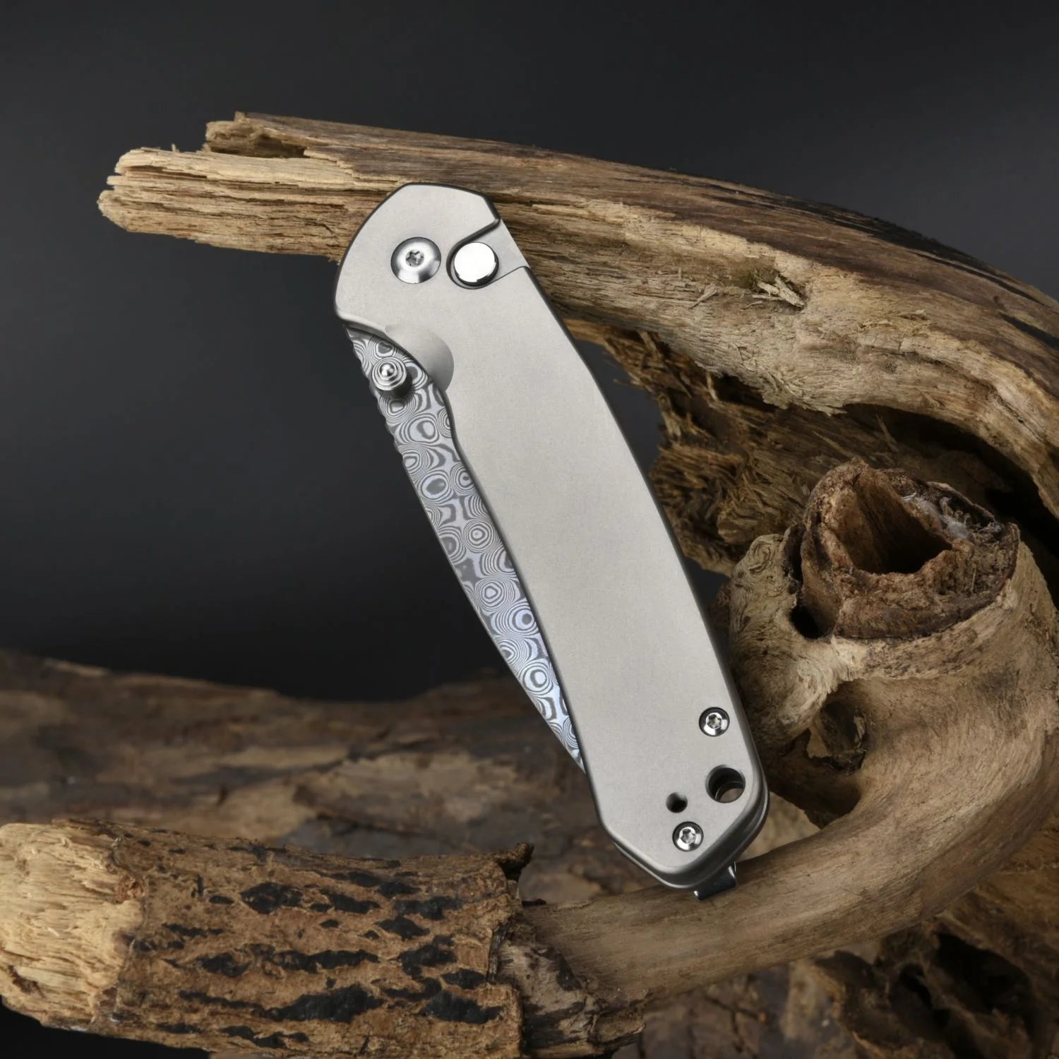 CJRB Pyrite Button Lock Folding Knife - Damascus Steel Drop Point Blade & Titanium Handles - EDC, Outdoor, Camping, Survival Gear
