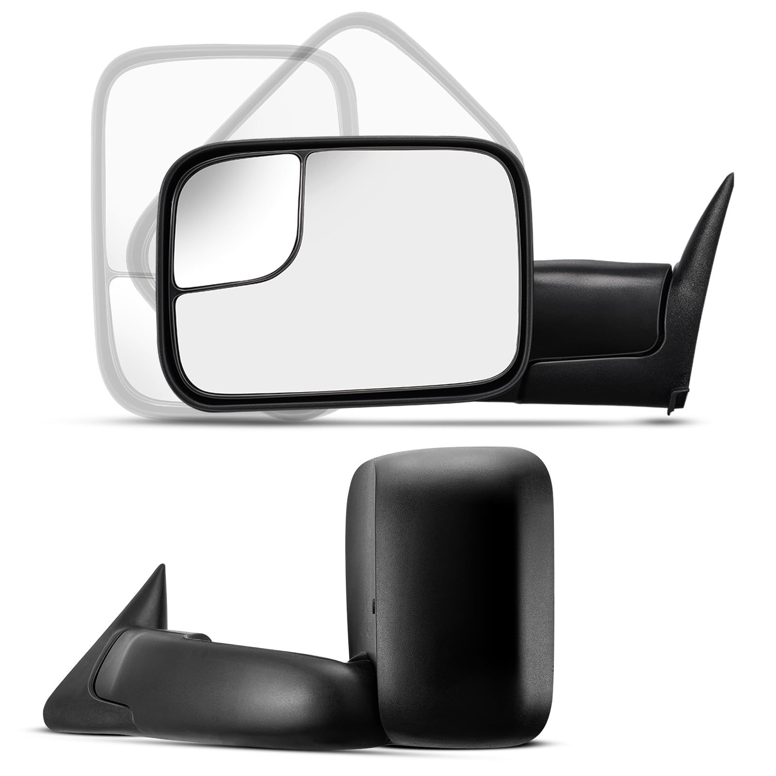 KAX 1 Pair Towing Mirrors for Ram 1500/2500/3500 - Manual Folding & Upturn, Plane & Convex Glass - Perfect for Towing, Off-Roading & Heavy-Duty Use