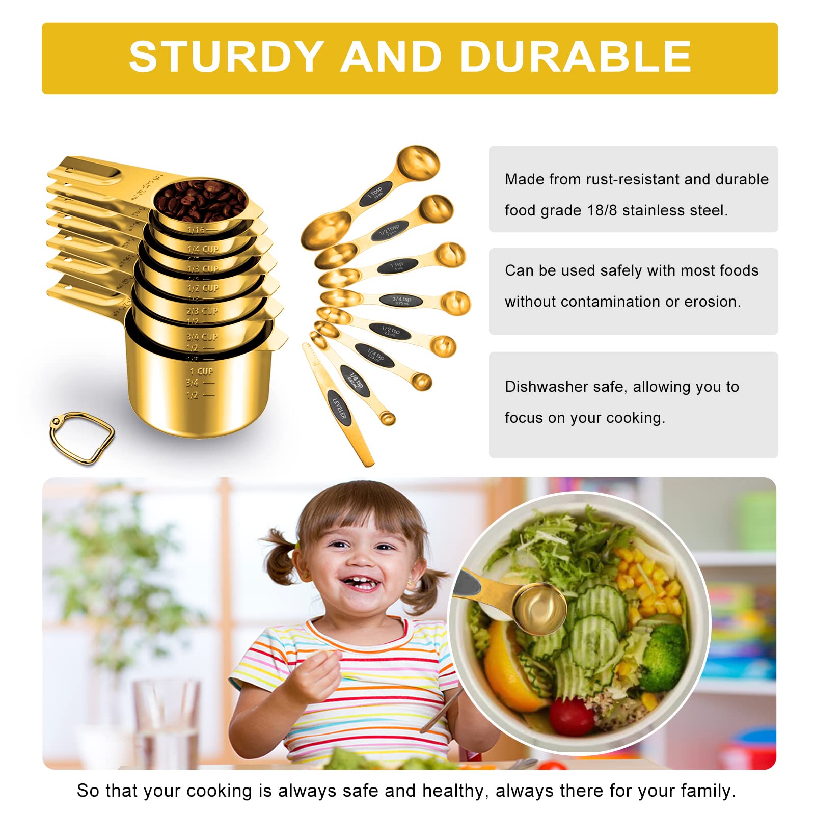 Premium 15-Piece Gold Measuring Cups and Spoons Set - 18/8 Stainless Steel Kitchen Tools with 7 Nesting Cups & 8 Magnetic Spoons - Perfect for Baking, Cooking, Meal Prep and Gift Giving