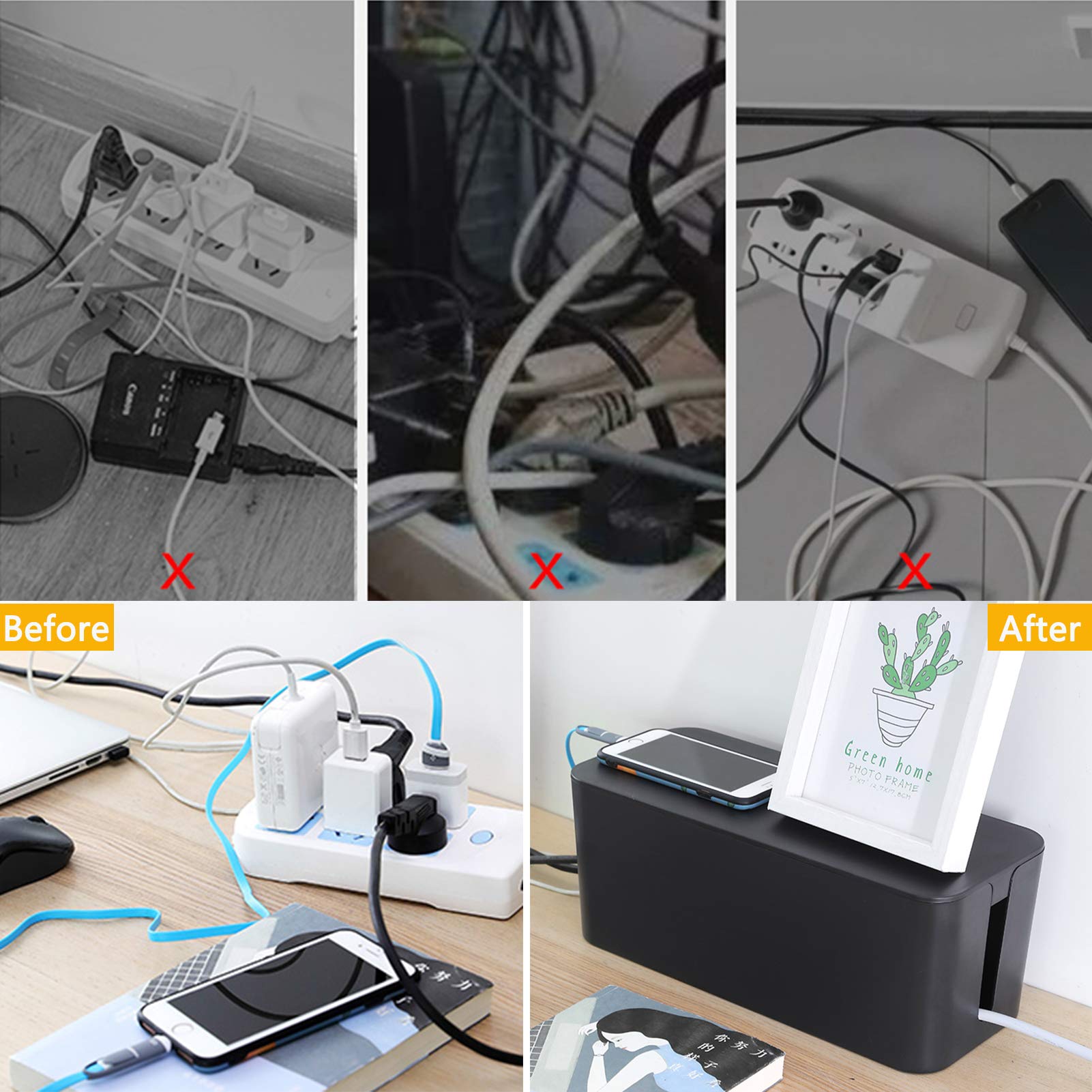 Cable Management Box Organizer - Large Wire Hider for Power Strips & Surge Protectors - Home & Office Cord Cover System - Perfect for Desk, TV Stand, and Entertainment Center Organization