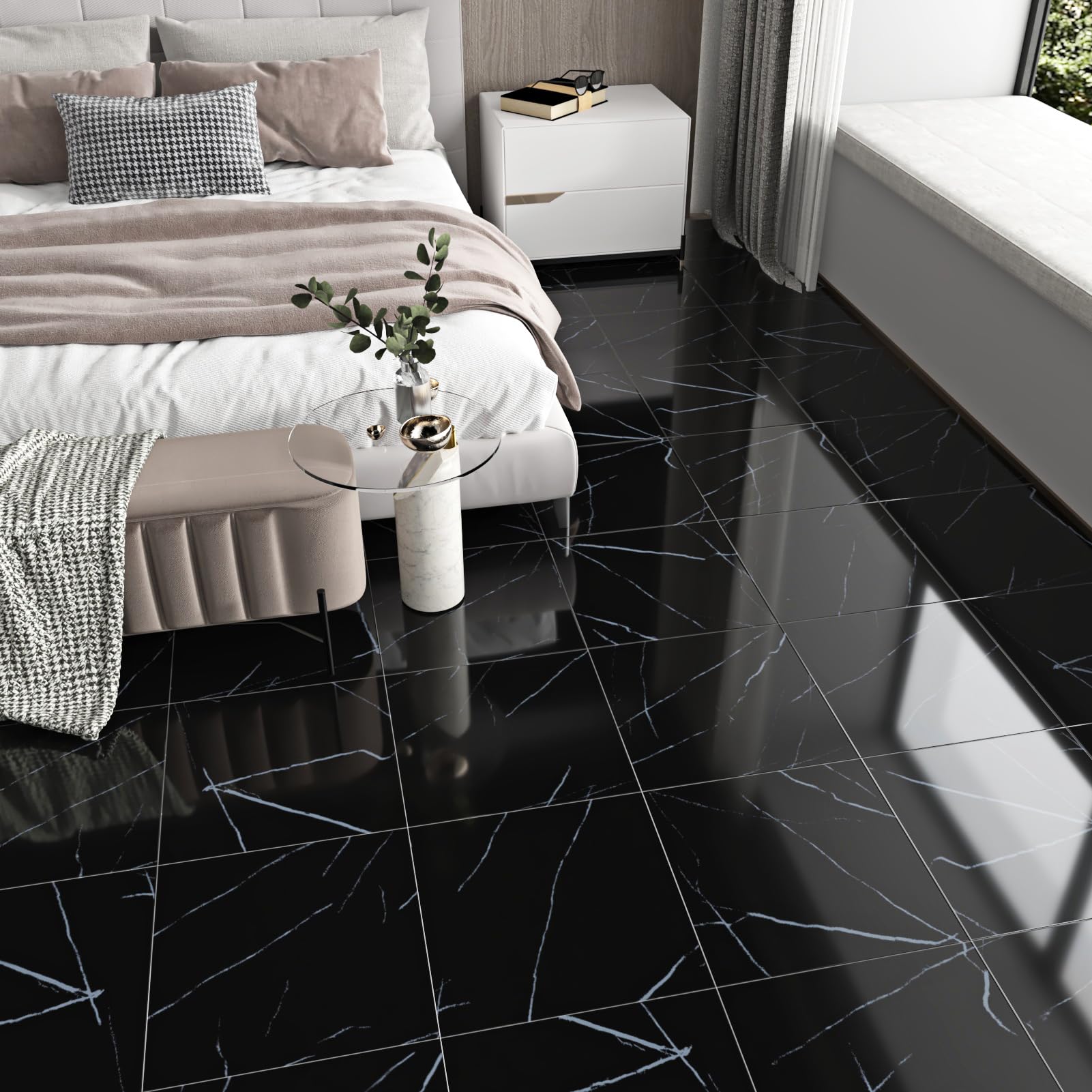 Premium Black Marble Peel and Stick Vinyl Floor Tiles - 12